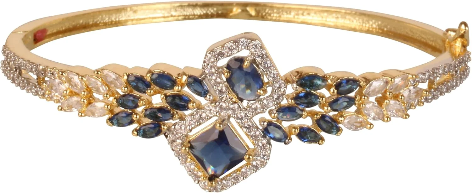 دستبند النگویی زنانه تاچ استون، طرح الهام گرفته از جواهرات سلطنتی هندی، نگین های زیرکونیا، طرح یاقوت کبود آبی، رنگ طلایی دستبند النگویی زنانه تاچ استون، طرح الهام گرفته از جواهرات سلطنتی هندی، نگین های زیرکونیا، طرح یاقوت کبود آبی، رنگ طلایی