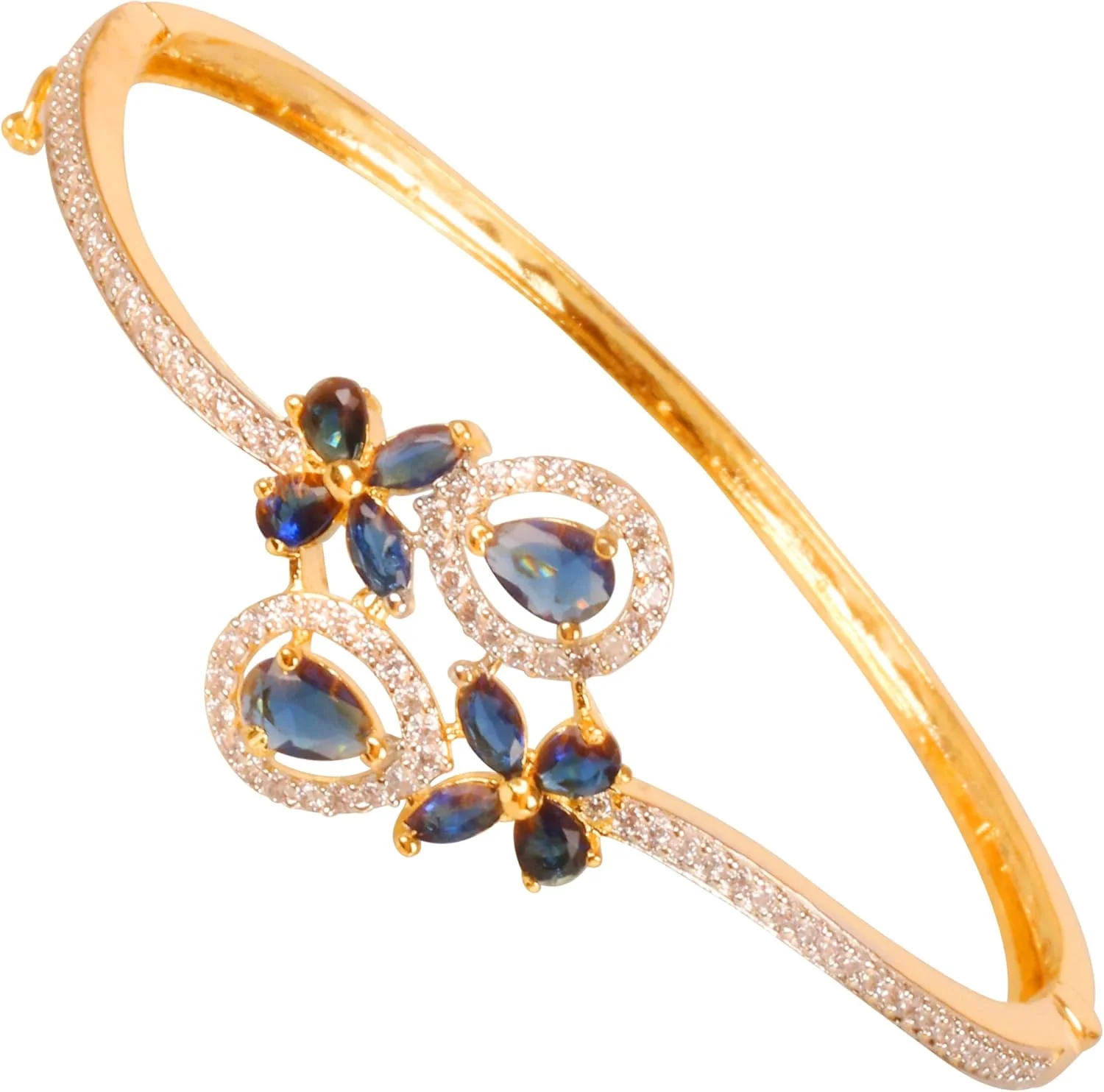 دستبند زنانه تاچ استون، طرح گلدار خیره کننده بالیوودی، نگین های مارکیز و بیضی شکل، یاقوت کبود مصنوعی آبی، زیرکونیا مکعبی سفید، جواهرات طراح، رنگ طلایی دستبند زنانه تاچ استون، طرح گلدار خیره کننده بالیوودی، نگین های مارکیز و بیضی شکل، یاقوت کبود مصنوعی آبی، زیرکونیا مکعبی سفید، جواهرات طراح، رنگ طلایی