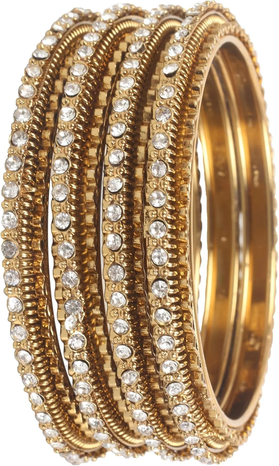 دستبند النگویی طرح زیگزاگ با نگین های درخشان - ست چهارتایی با طراحی هندی و رنگ طلایی عتیقه دستبند النگویی طرح زیگزاگ با نگین های درخشان - ست چهارتایی با طراحی هندی و رنگ طلایی عتیقه