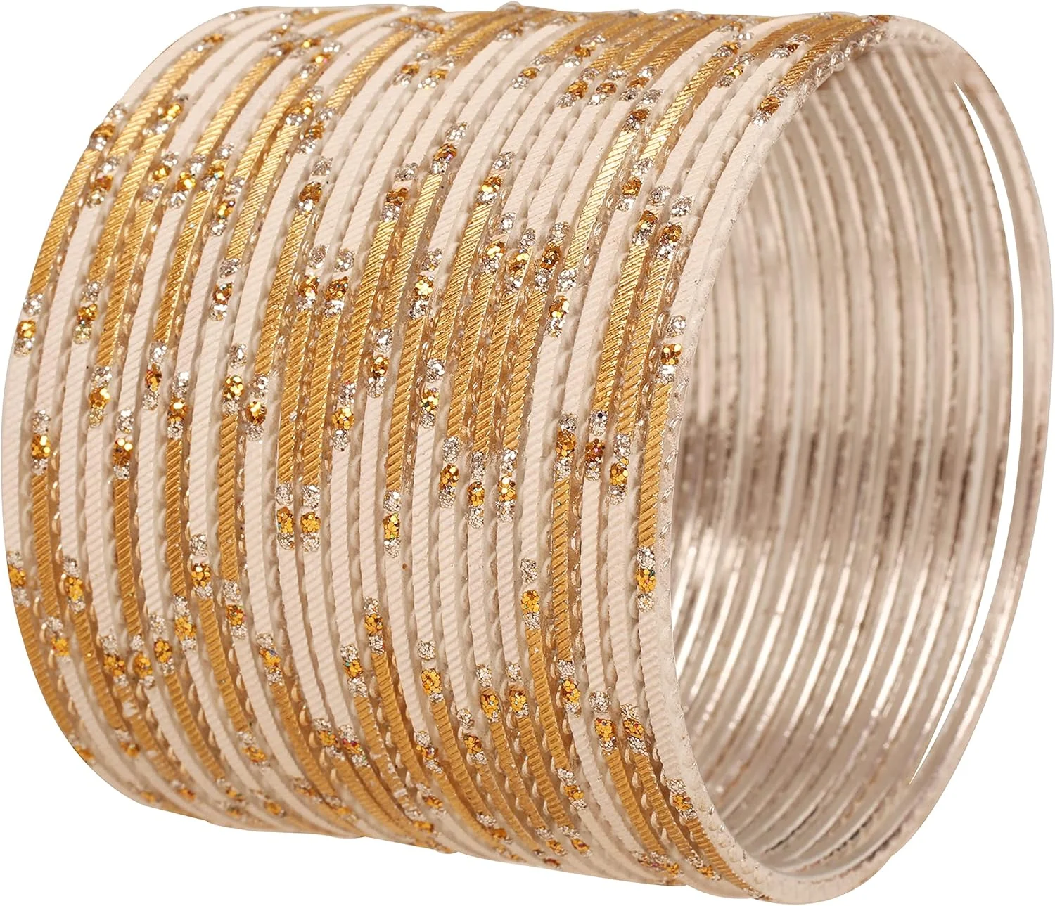 دستبند النگویی زنانه تاچ استون، طراحی جدید، الهام گرفته از بالیوود، رنگ وانیلی سفید پاستلی با نگین های طلایی. ست 24 عددی. دستبند النگویی زنانه تاچ استون، طراحی جدید، الهام گرفته از بالیوود، رنگ وانیلی سفید پاستلی با نگین های طلایی. ست 24 عددی.