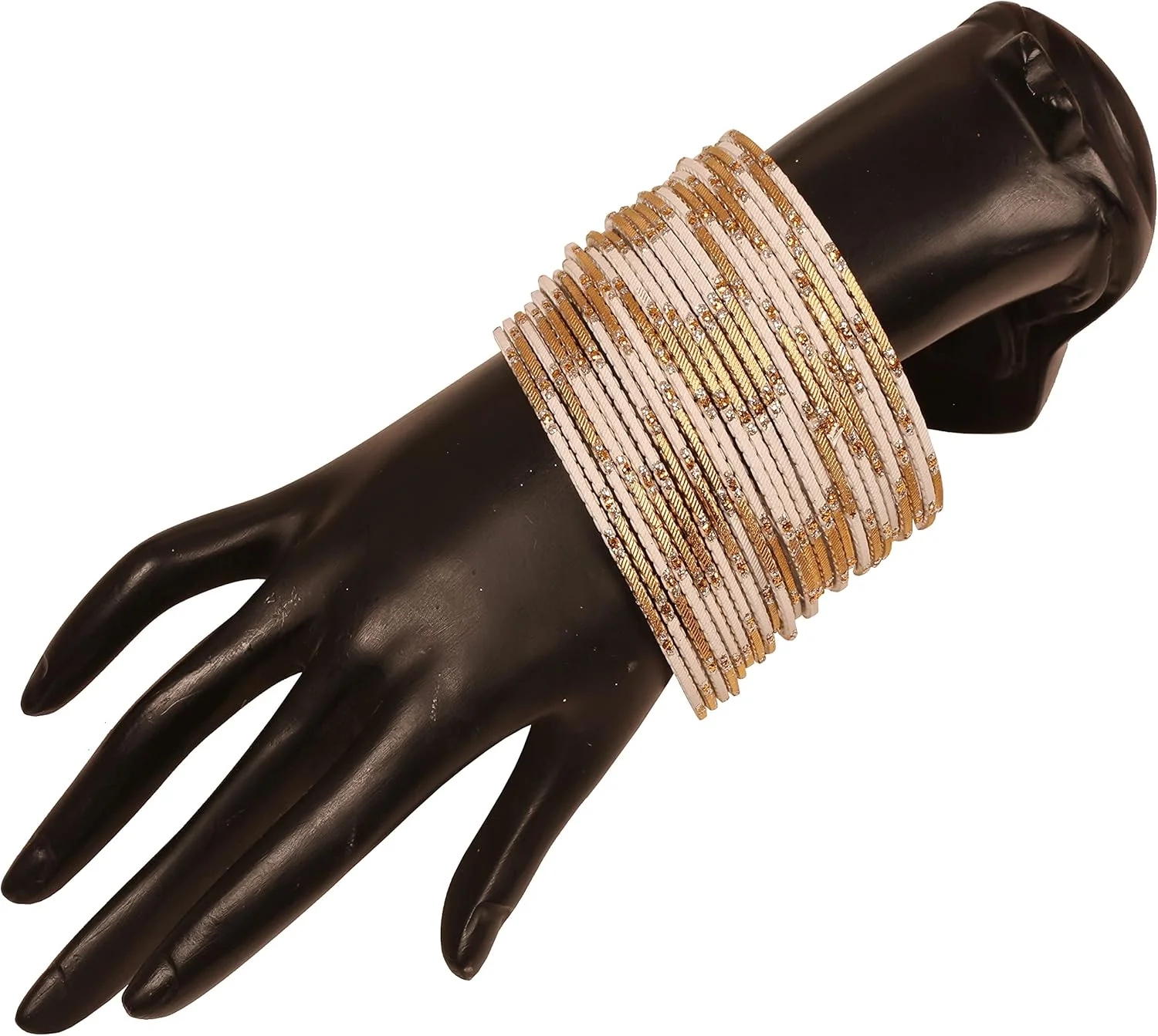 دستبند النگویی زنانه تاچ استون، طراحی جدید، الهام گرفته از بالیوود، رنگ وانیلی سفید پاستلی با نگین های طلایی. ست 24 عددی.