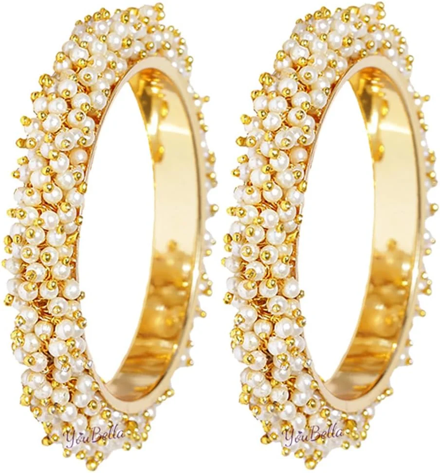 دستبند النگویی مرواریدی و طلایی رنگ زنانه یوولا، طراحی شیک و سنتی (طلایی)(YBBN_91091_2.8)