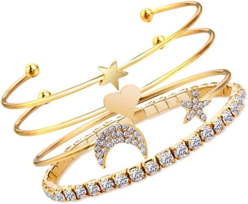 دستبند النگویی لایه ای کریستالی با الهام از افراد مشهور YouBella، روکش طلایی، چند رشته ای، مناسب بانوان (طلایی) (YBBN_91730)، سایز آزاد