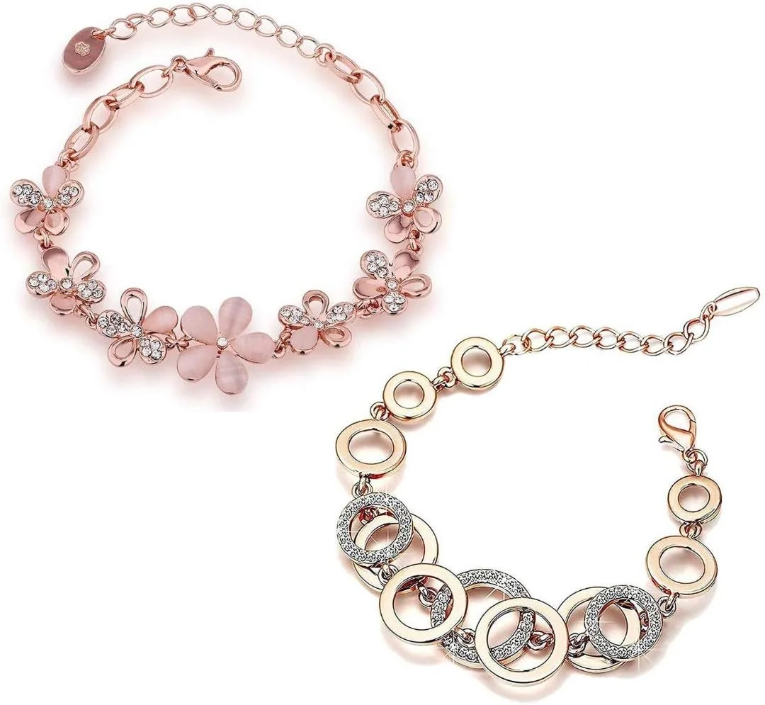 دستبند زنانه طرح گل رز طلایی با کریستال های رزگلد