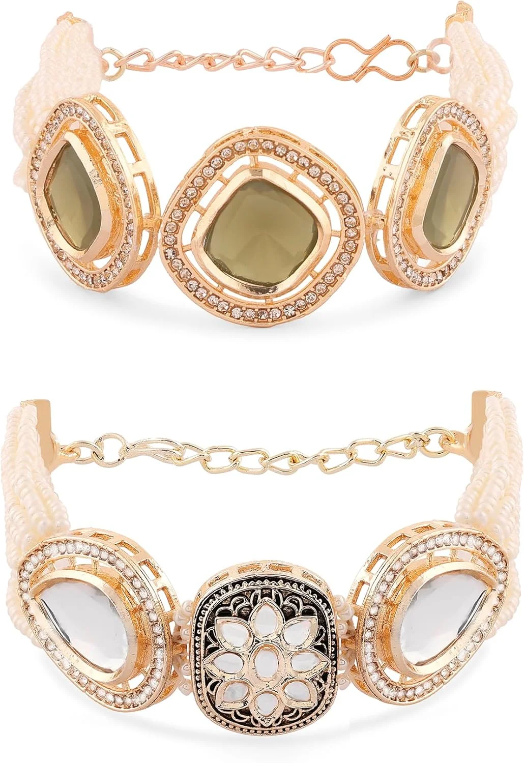 زیوری پیرلز ست دستبند زنانه 2 عددی طلایی و سبز چند رشته ای نگین دار و مهره ای مدل قومی - ZPFK16845