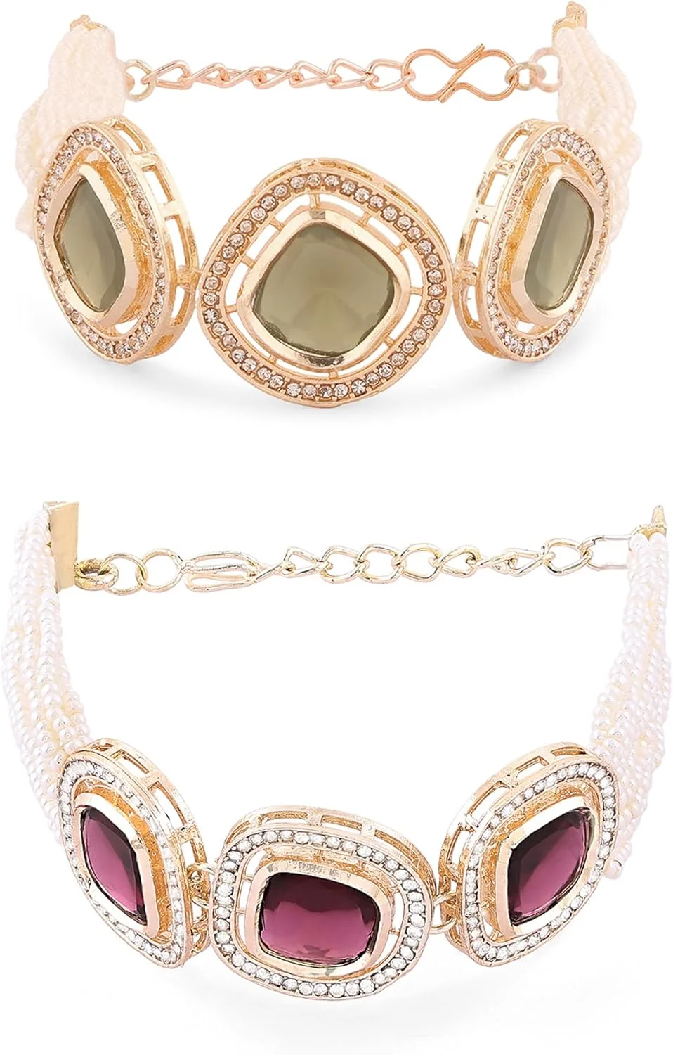 زیوری پرلز ست دستبند زنانه دو عددی بنفش و سبز چند رشته ای با الماس های اتریشی درخشان و مهره-ZPFK16875