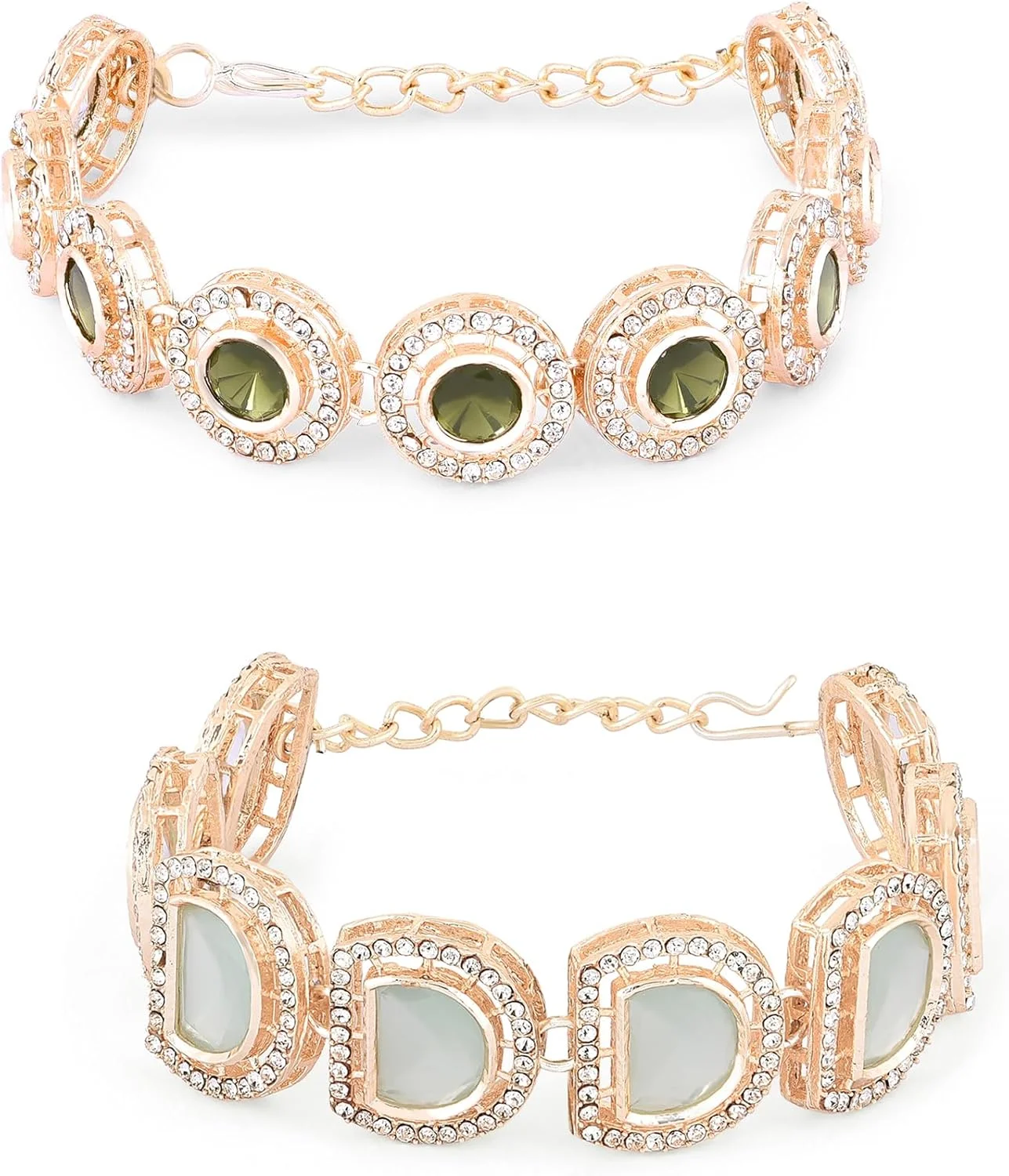 ZAVERI PEARLS ست دستبند زنانه شامل ۲ عدد دستبند چند رشته ای سبز رنگ با سنگ های مصنوعی و مهره های قومی - ZPFK16869