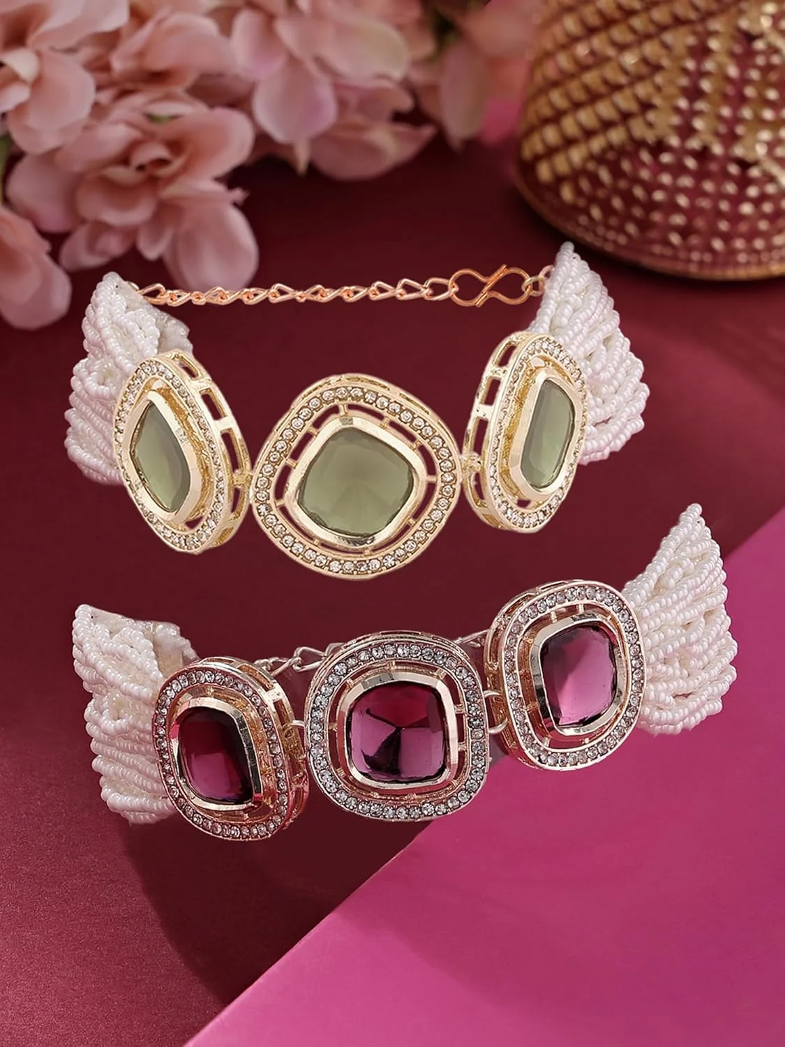 زیوری پرلز ست دستبند زنانه دو عددی بنفش و سبز چند رشته ای با الماس های اتریشی درخشان و مهره-ZPFK16875