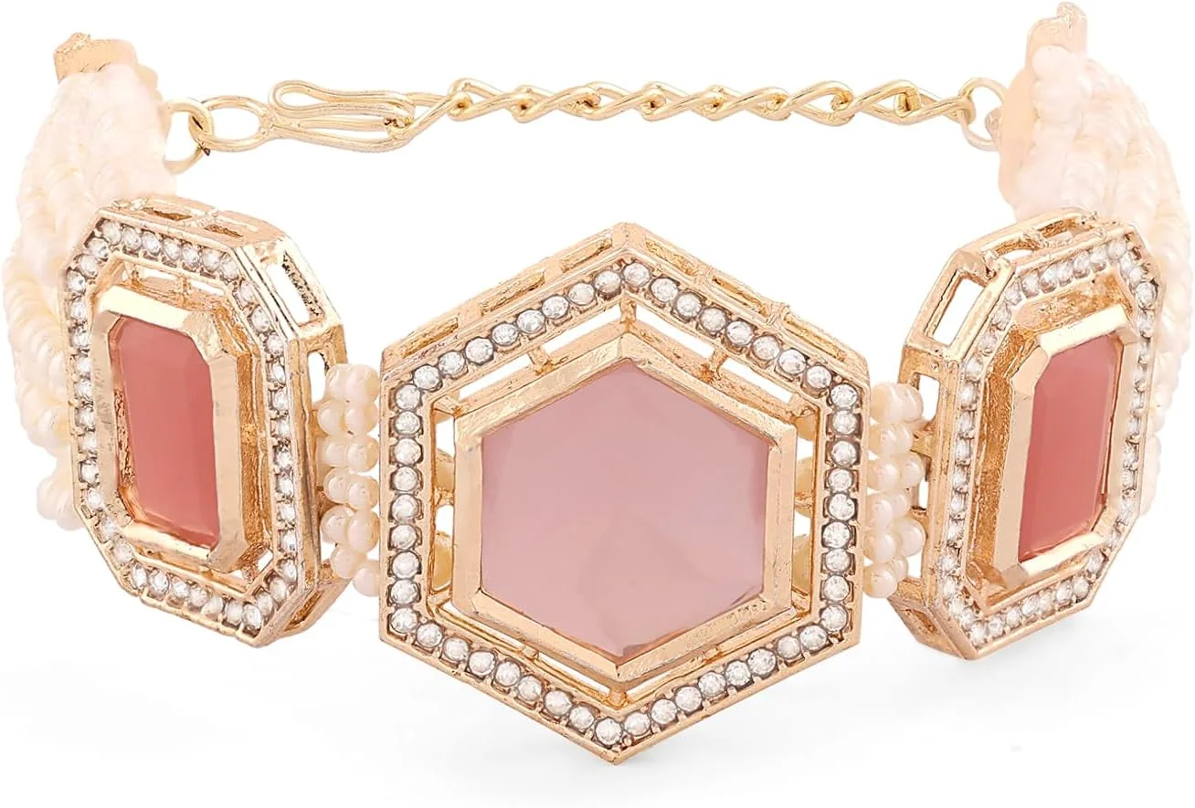 دستبند چند رشته ای مهره و سنگ مصنوعی صورتی زنانه ZAVERI PEARLS مدل ZPFK16671