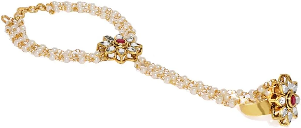 دستبند انگشتری زنانه با روکش طلایی مزین به مروارید و نگین های Kundan مدل ZPFK7415