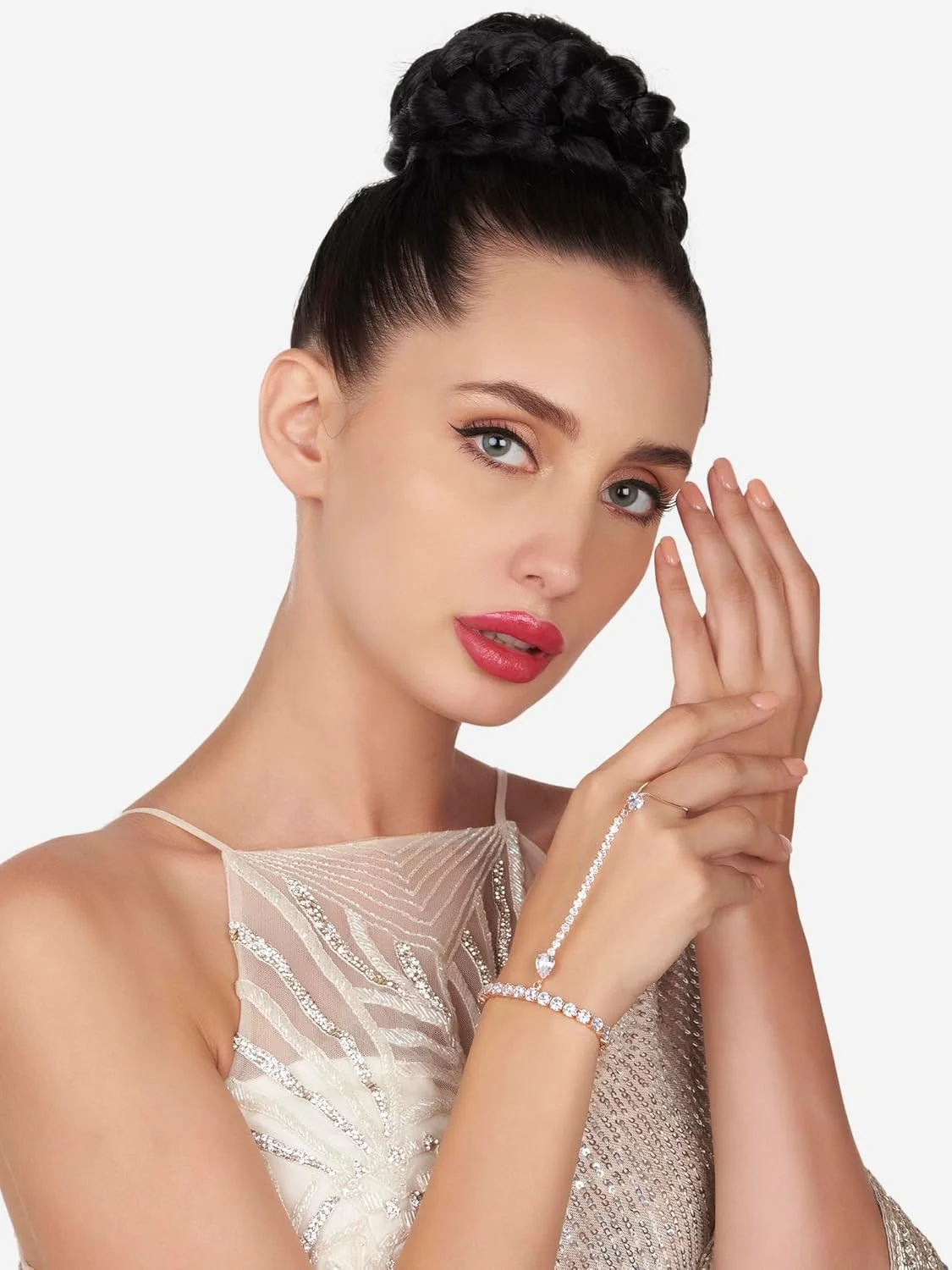 دستبند انگشتی برنجی زنانه نگیندار رزگلد ZAVERI PEARLS مدل ZPFK16135 دستبند انگشتی برنجی زنانه نگیندار رزگلد ZAVERI PEARLS مدل ZPFK16135