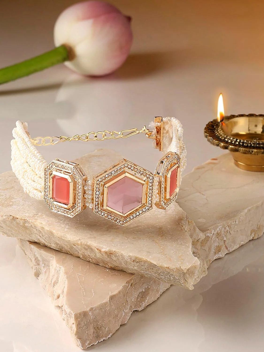 دستبند چند رشته ای مهره و سنگ مصنوعی صورتی زنانه ZAVERI PEARLS مدل ZPFK16671 دستبند چند رشته ای مهره و سنگ مصنوعی صورتی زنانه ZAVERI PEARLS مدل ZPFK16671