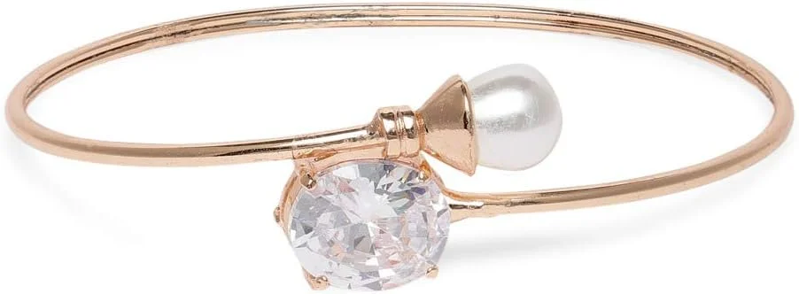 دستبند النگویی برنجی زنانه مروارید و الماس رزگلد زاوری پرلز مدل ZPFK9948، سایز آزاد