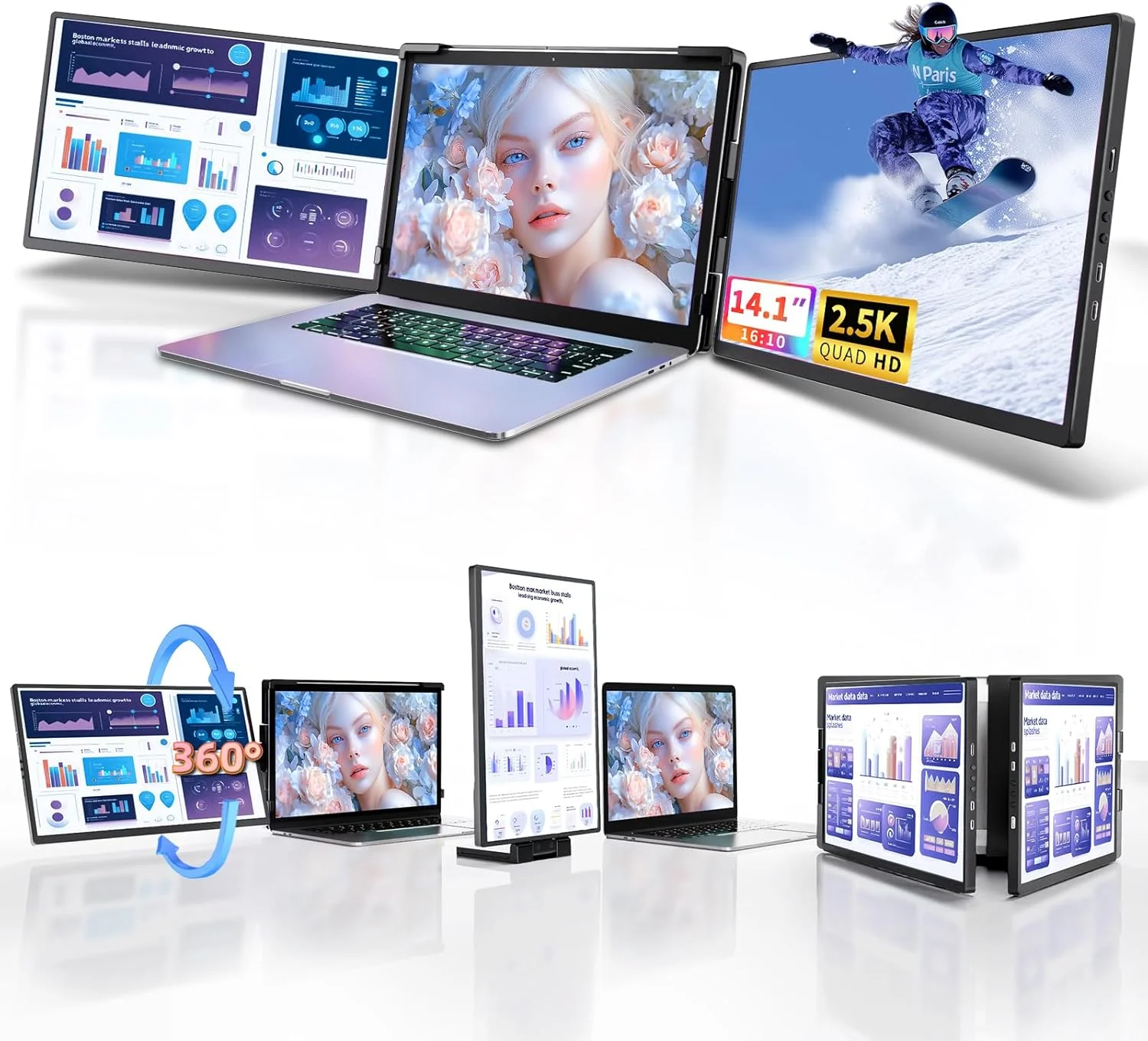اکستندر صفحه نمایش لپ تاپ قابل حمل - اکستندر سه گانه صفحه نمایش لپ تاپ 2.5K، اتصال و پخش چند صفحه نمایش توسعه یافته مناسب برای لپ تاپ های 13-17.3 اینچی سازگار با ویندوز، کروم، Dex اکستندر صفحه نمایش لپ تاپ قابل حمل - اکستندر سه گانه صفحه نمایش لپ تاپ 2.5K، اتصال و پخش چند صفحه نمایش توسعه یافته مناسب برای لپ تاپ های 13-17.3 اینچی سازگار با ویندوز، کروم، Dex