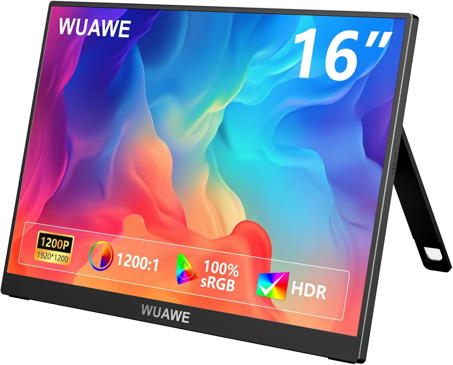 مانیتور قابل حمل 16 اینچی WUAWE، 1920x1200P، نسبت تصویر 16:10، پنل IPS، دارای پایه داخلی، پوشش 100% sRGB، اتصال USB-C و HDMI، HDR Freesync، اتصال آسان برای تلفن، PS5، سوییچ (مشکی)