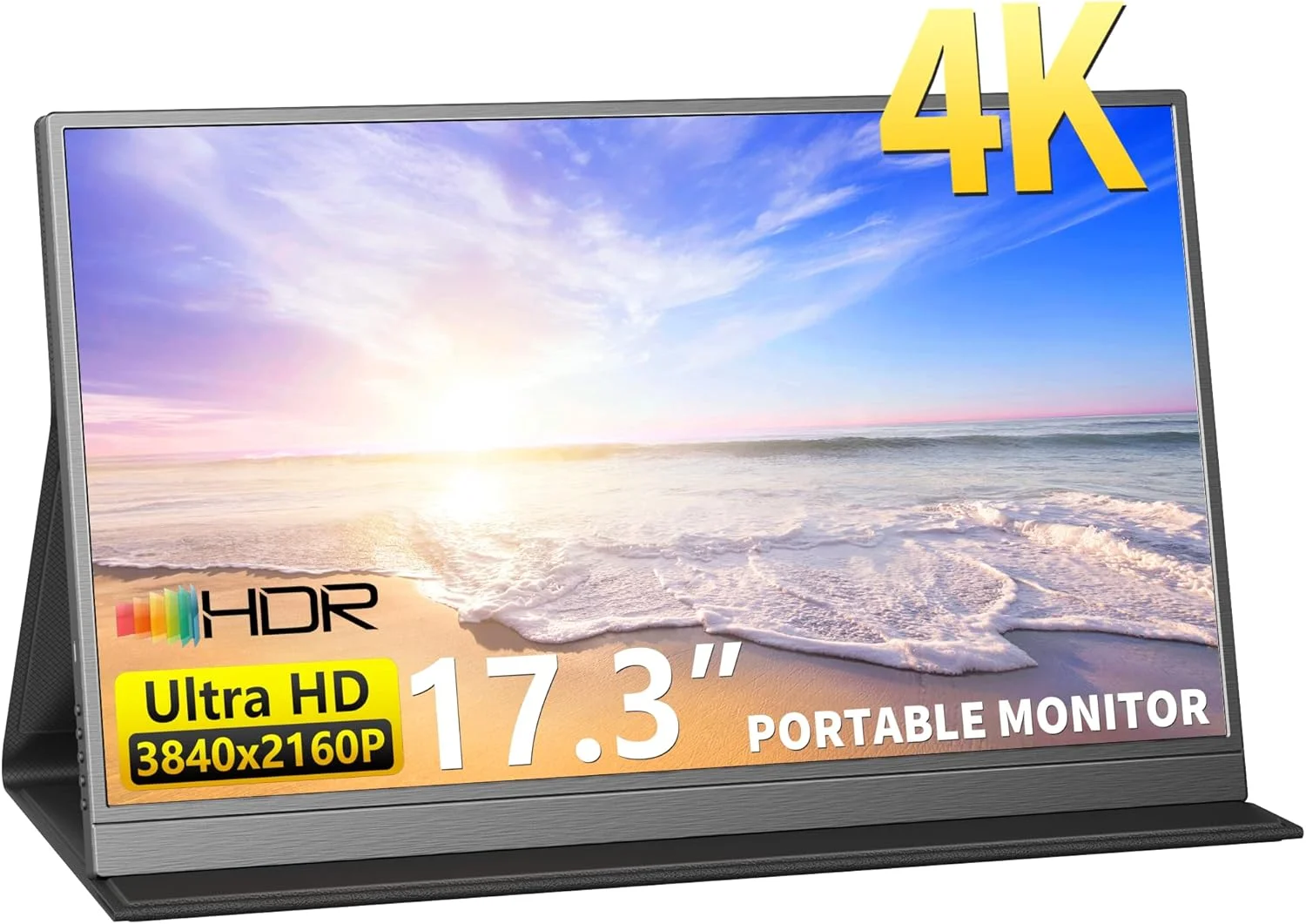 مانیتور قابل حمل 4K، صفحه نمایش لپ تاپ 17.3 اینچی 3840x2160 IPS، نسبت کنتراست 1500:1 روشنایی 400 نیت، نمایشگر بازی کامپیوتر USB C HDMI با بلندگوها و کاور هوشمند، مانیتور قابل حمل برای تلفن PC PS4/5 Xbox Switch