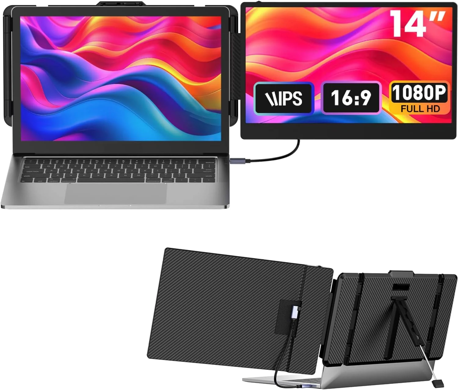 اکستندر صفحه نمایش لپ تاپ 14 اینچی، مانیتور قابل حمل 1080P FHD، اتصال و پخش Type-C/HDMI/USB-A، اکستندر مانیتور لپ تاپ مناسب برای لپ تاپ هایی با صفحه نمایش تا عرض 15.35 اینچ، سازگار با ویندوز، مک، کروم