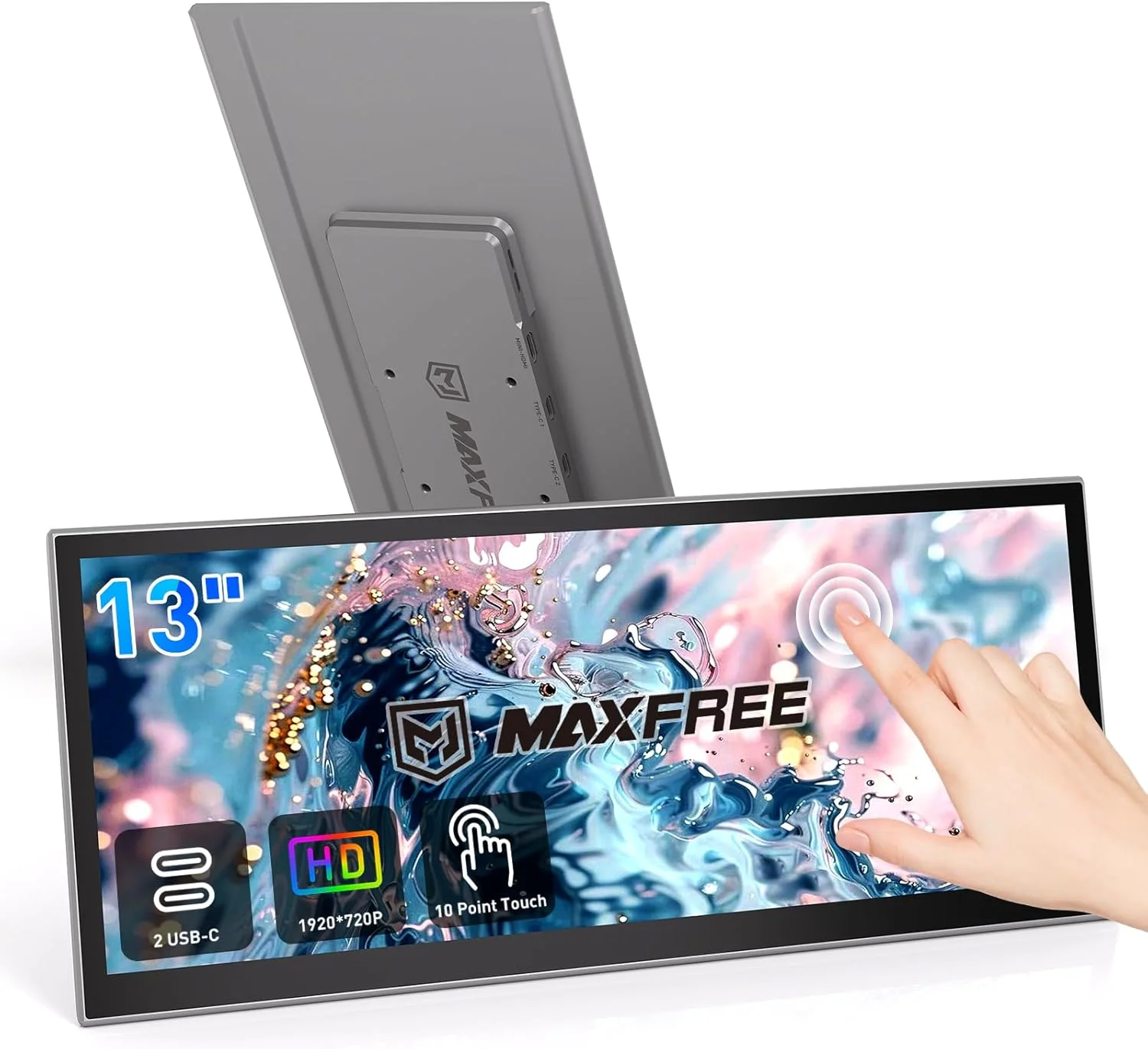 مانیتور لمسی 13 اینچی Maxfree L2، مانیتور قابل حمل 1080P با قابلیت لمس 10 نقطه ای، دارای پایه و بلندگو، Plug & Play، توسعه دهنده صفحه نمایش لپ تاپ برای ویندوز/MacOS/اندروید/PS4/5/Xbox/iPad