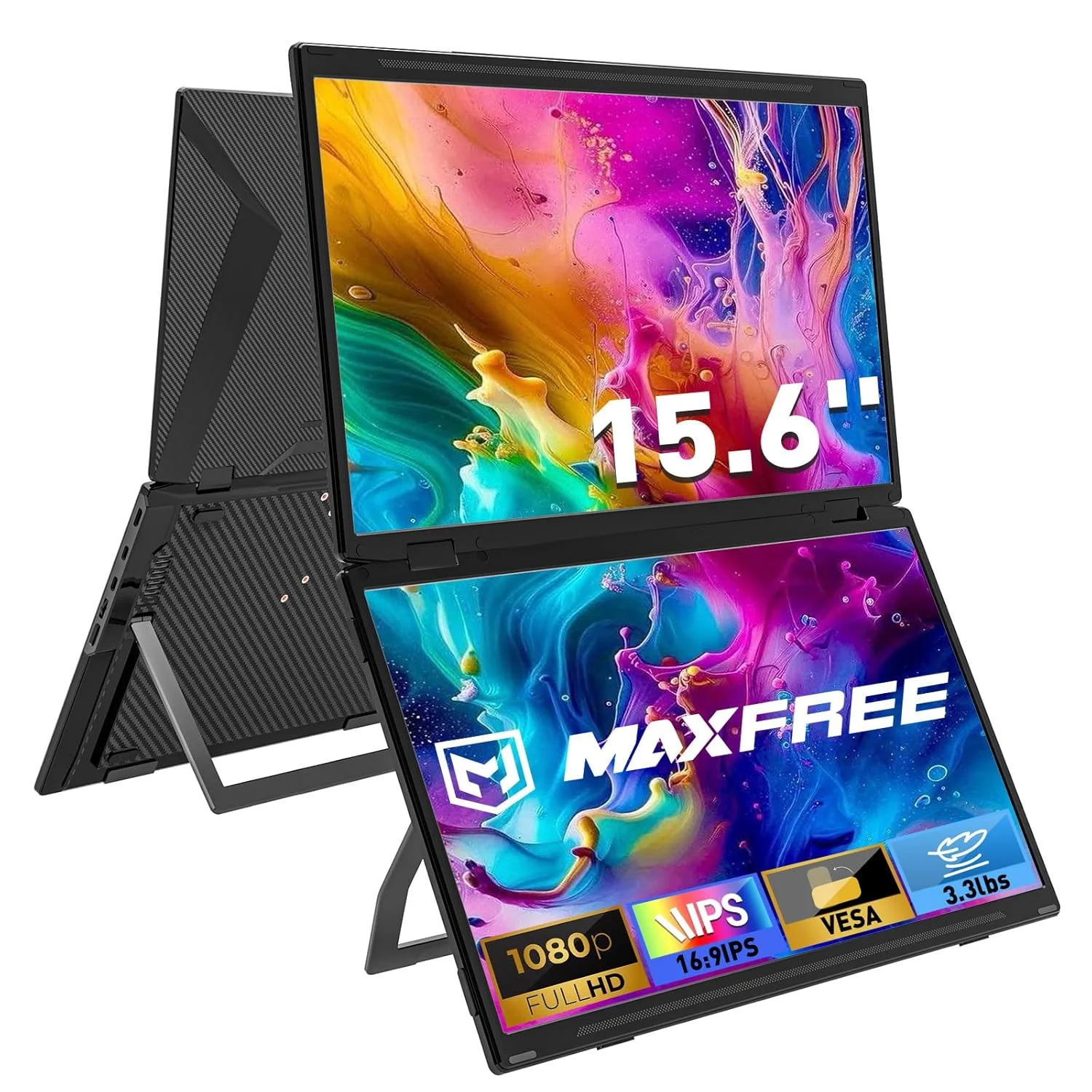 اکستندر صفحه نمایش لپ تاپ Maxfree M3، مانیتور دوگانه قابل حمل 15.6 اینچی FHD 1080P با Type-C، HDMI، Plug & Play، قابلیت نصب VESA، مانیتور دوگانه تاشو برای لپ تاپ/PC/Windows/Mac(M1/M2/M3 Chip)/تلفن/Ps4/Switch