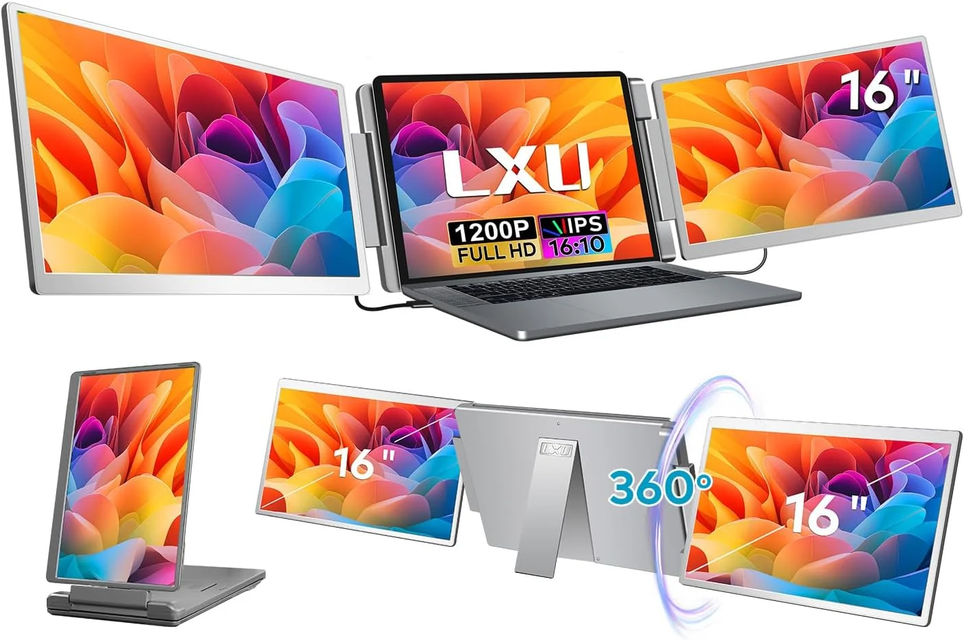 مانیتور قابل حمل ۱۶ اینچی LXU برای لپ تاپ | ارتقا یافته جدید ۲۰۲۵ با کیفیت 1200P و نسبت تصویر 16:10 FHD | مانیتور توسعه یافته Plug-Play لپ تاپ | نمایشگر سه گانه USB-C/HDMI برای MacOS/Windows ۱۲ تا ۱۸.۵ اینچ | چرخش ۳۶۰ درجه