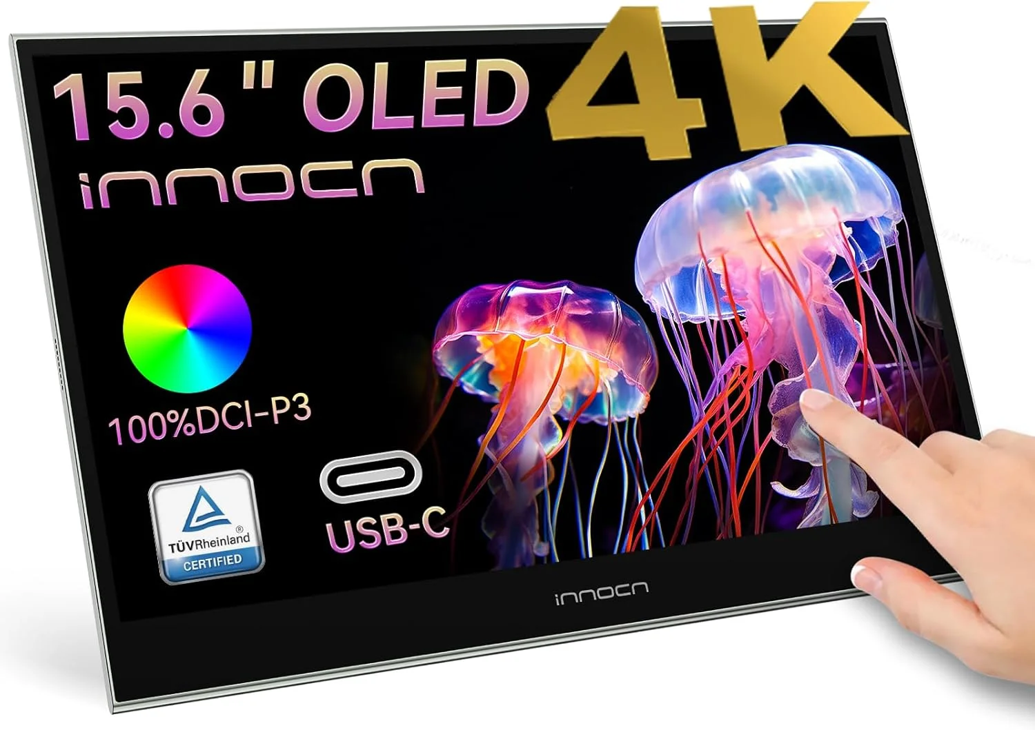 مانیتور قابل حمل 15.6 اینچی INNOCN OLED لمسی، صفحه نمایش دوم برای ویرایش عکس با کیفیت 4K، پوشش 100% DCI-P3، نسبت کنتراست 100000:1، عمق رنگ 10 بیتی، مانیتور خارجی USB C برای لپ تاپ، کامپیوتر، تلفن، کنسول ها، قهوه ای، PU15 Pre C6