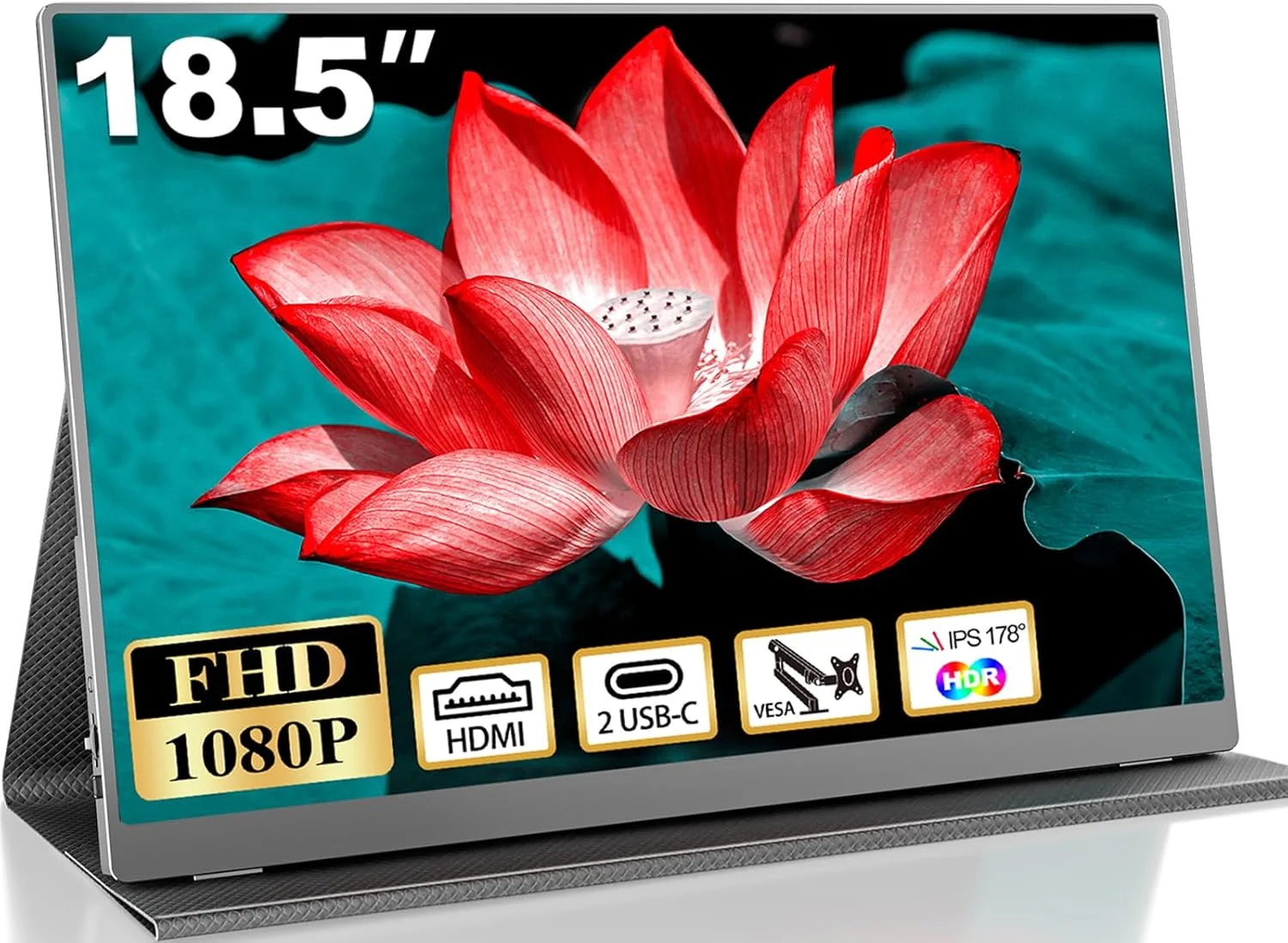 مانیتور قابل حمل 18.5 اینچی برای لپ تاپ، FHD 1080P با پوشش 100% sRGB، نمایشگر IPS قابل حمل کامپیوتر با VESA، صفحه نمایش قابل حمل USB-C HDR HDMI با کاور هوشمند و بلندگو