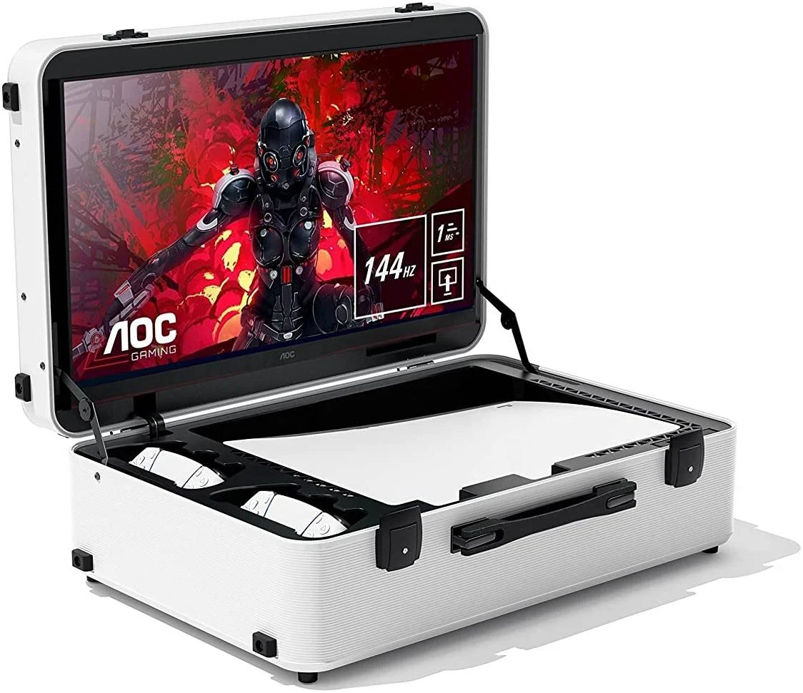 مانیتور قابل حمل 24 اینچی IndiGaming Poga Lux، برای PS5، رزولوشن 1920x1080 پیکسل، نرخ تازه‌سازی 144 هرتز، هاب USB 3.0، گواهینامه IP 52، نسبت تصویر 16:9، FreeSync Premium، سفید | PLW010