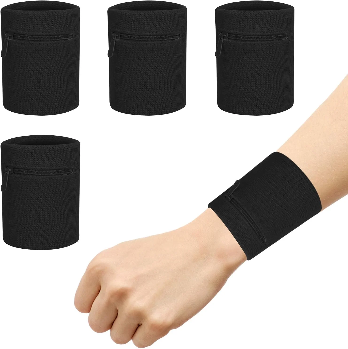 مچ بند زیپ دار ورزشی NALACAL، مچ بند عرق گیر زیپ دار باشگاه ورزشی، کیف پول مچی ورزشی با جیب برای پیاده روی در فضای باز، پیاده‌روی، دویدن، مسافرت (4 عدد مشکی)