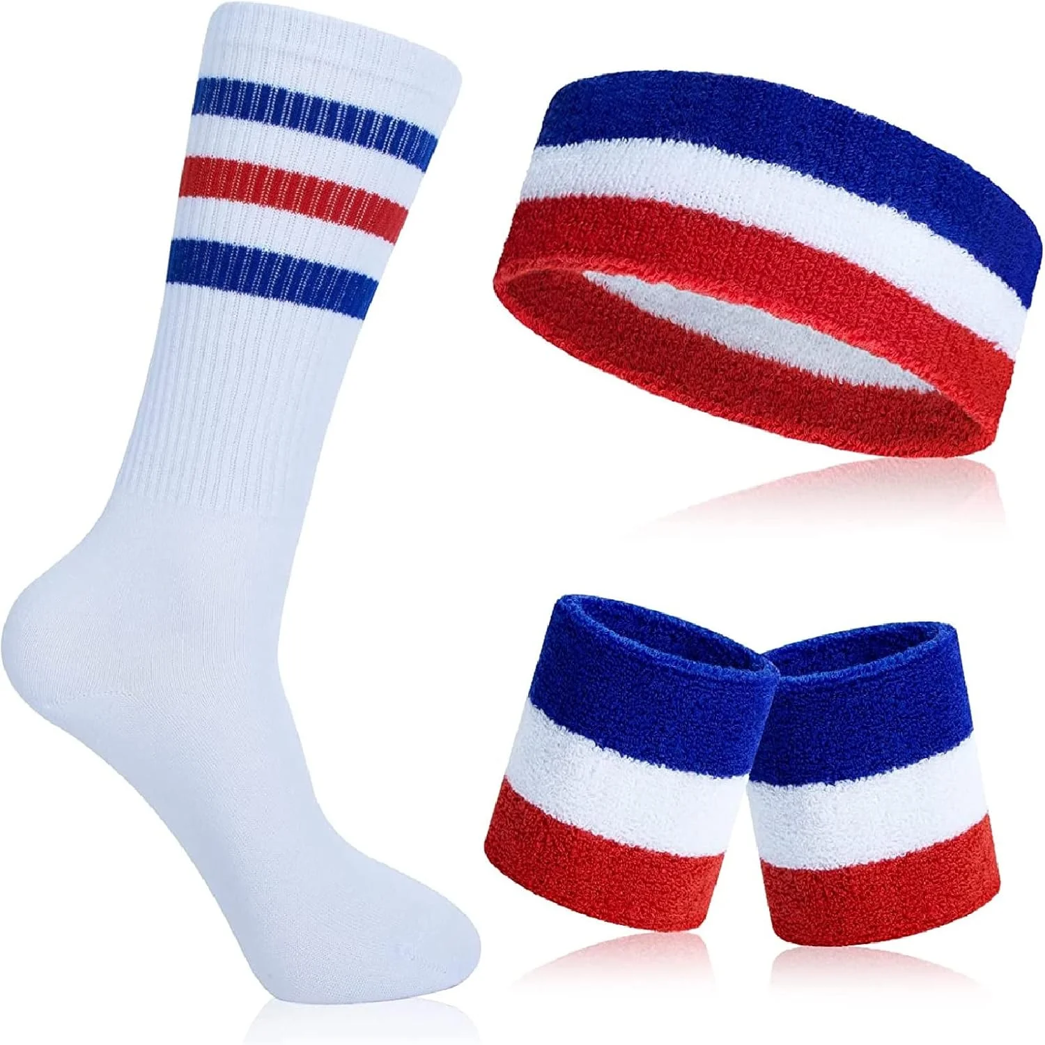 ست مچ بند و هدبند ورزشی شامل 1 هدبند ورزشی + 2 مچ بند + 1 جوراب راه راه برای زنان، مردان، دختران و پسران، مناسب برای تمرینات ورزشی، یوگا، فوتبال، بوکس و تنیس ست مچ بند و هدبند ورزشی شامل 1 هدبند ورزشی + 2 مچ بند + 1 جوراب راه راه برای زنان، مردان، دختران و پسران، مناسب برای تمرینات ورزشی، یوگا، فوتبال، بوکس و تنیس