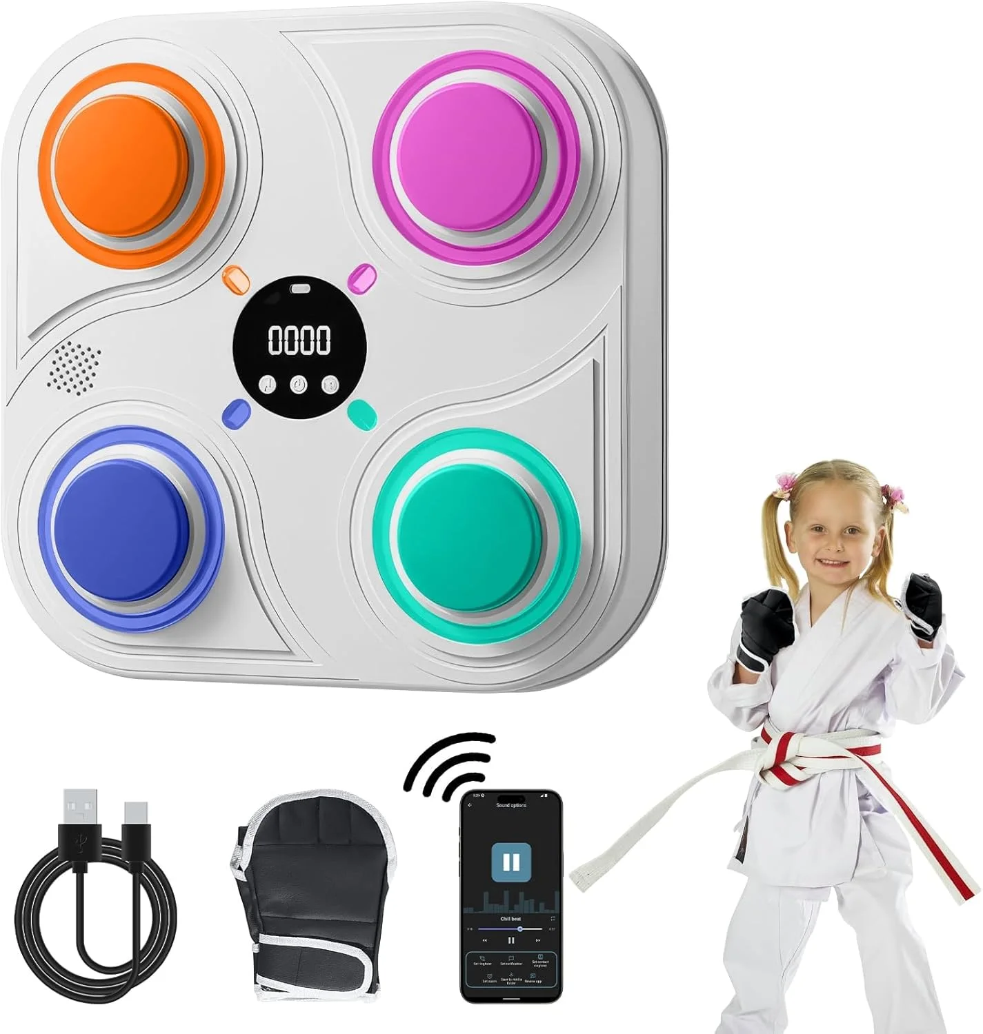 دستگاه بوکس موزیکال، دستگاه بوکس با دستکش و چراغ های LED، دستگاه بوکس موزیکال هوشمند با 4 حالت، دستگاه بوکس دیواری برای کودکان، بزرگسالان و کاهش استرس خانواده