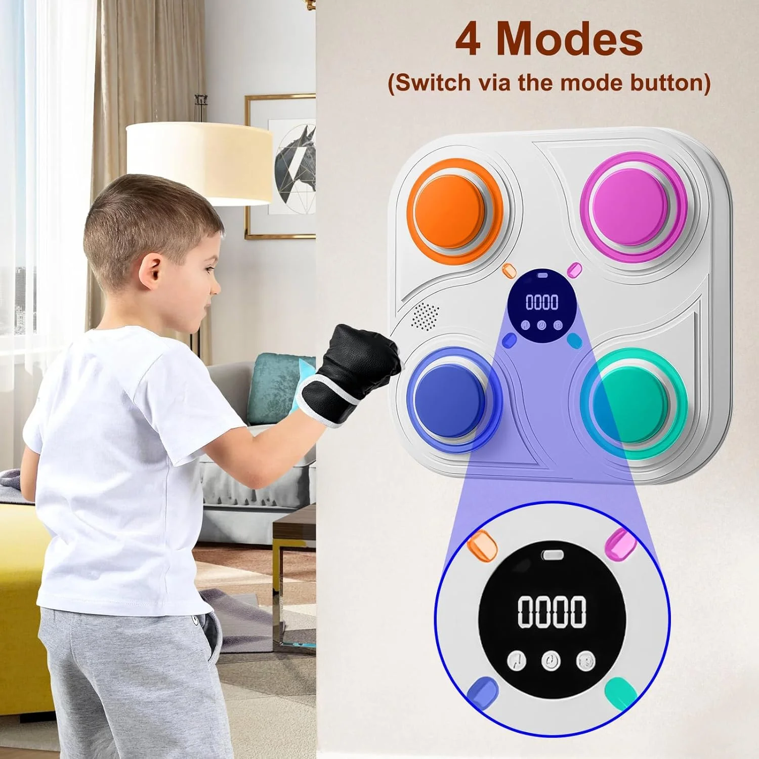 دستگاه بوکس موزیکال، دستگاه بوکس با دستکش و چراغ های LED، دستگاه بوکس موزیکال هوشمند با 4 حالت، دستگاه بوکس دیواری برای کودکان، بزرگسالان و کاهش استرس خانواده دستگاه بوکس موزیکال، دستگاه بوکس با دستکش و چراغ های LED، دستگاه بوکس موزیکال هوشمند با 4 حالت، دستگاه بوکس دیواری برای کودکان، بزرگسالان و کاهش استرس خانواده