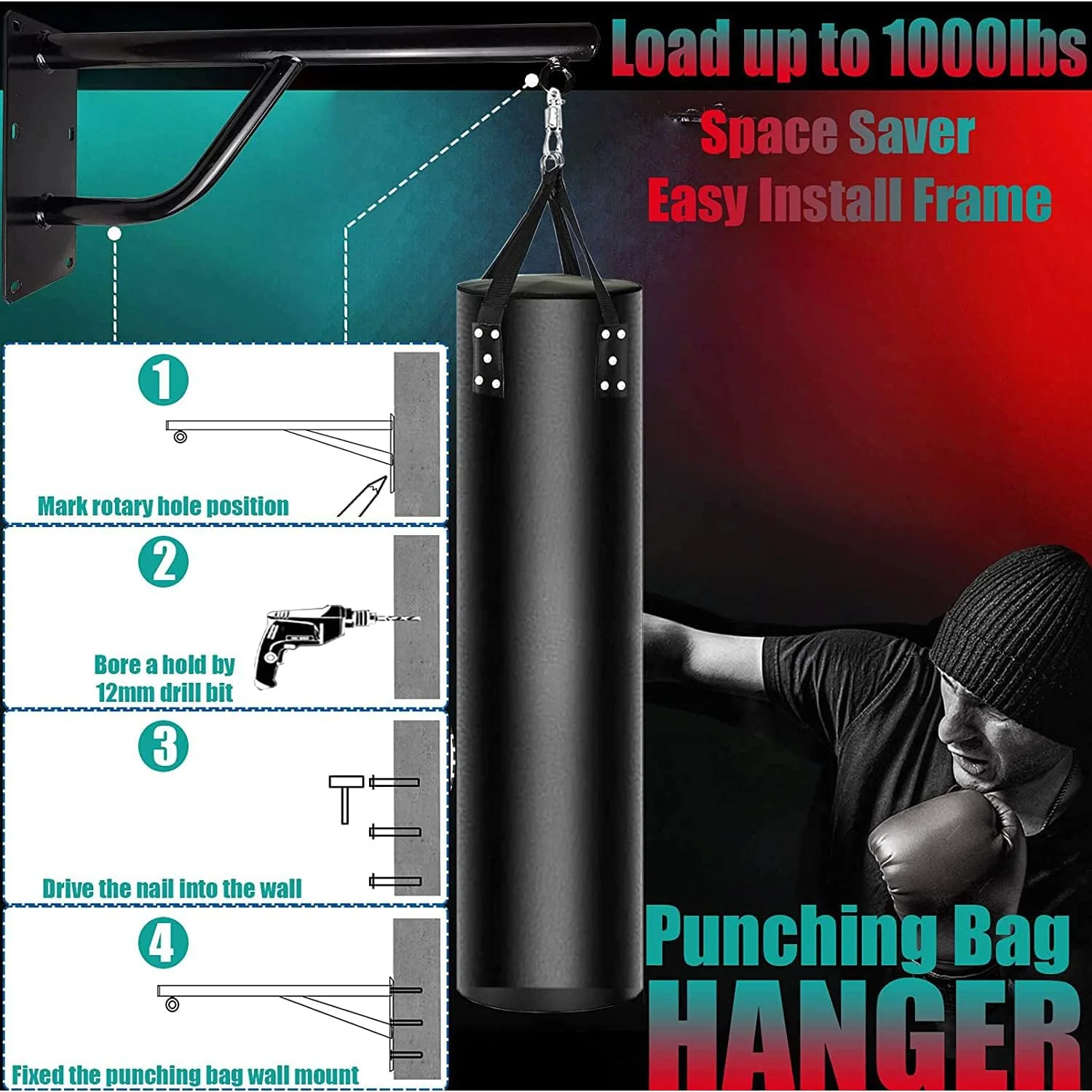 آویز کیسه بوکس MAXSTRENGTH X - پایه دیواری کیسه سنگین - براکت نصب کیسه بوکس سنگین برای باشگاه خانگی