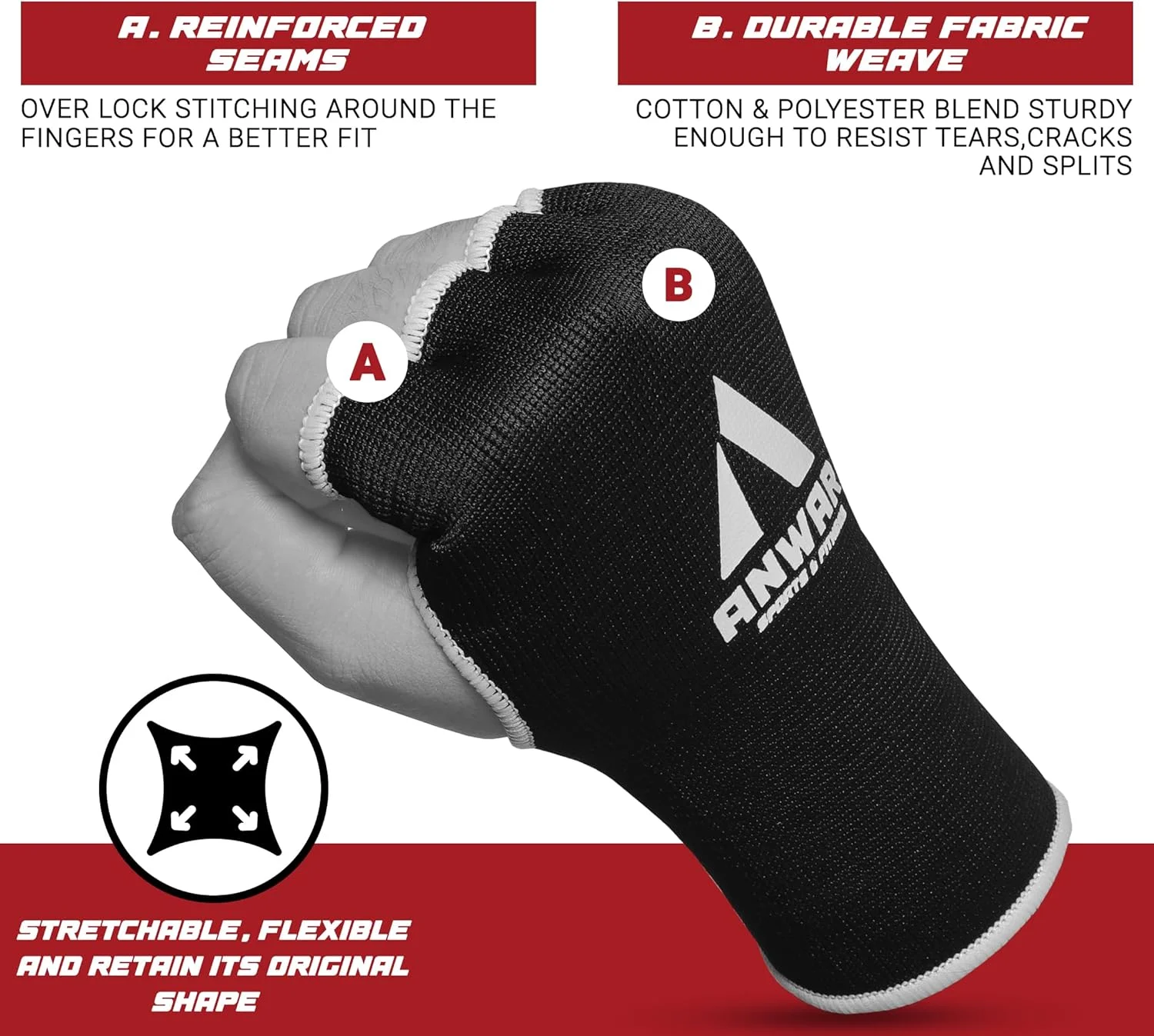 دستکش های داخلی بوکس - دستکش های داخلی بوکس ممتاز - دستکش های نیم انگشتی - دستکش های بانداژی کشسان برای کیک بوکسینگ، موی تای، MMA دستکش های داخلی بوکس - دستکش های داخلی بوکس ممتاز - دستکش های نیم انگشتی - دستکش های بانداژی کشسان برای کیک بوکسینگ، موی تای، MMA