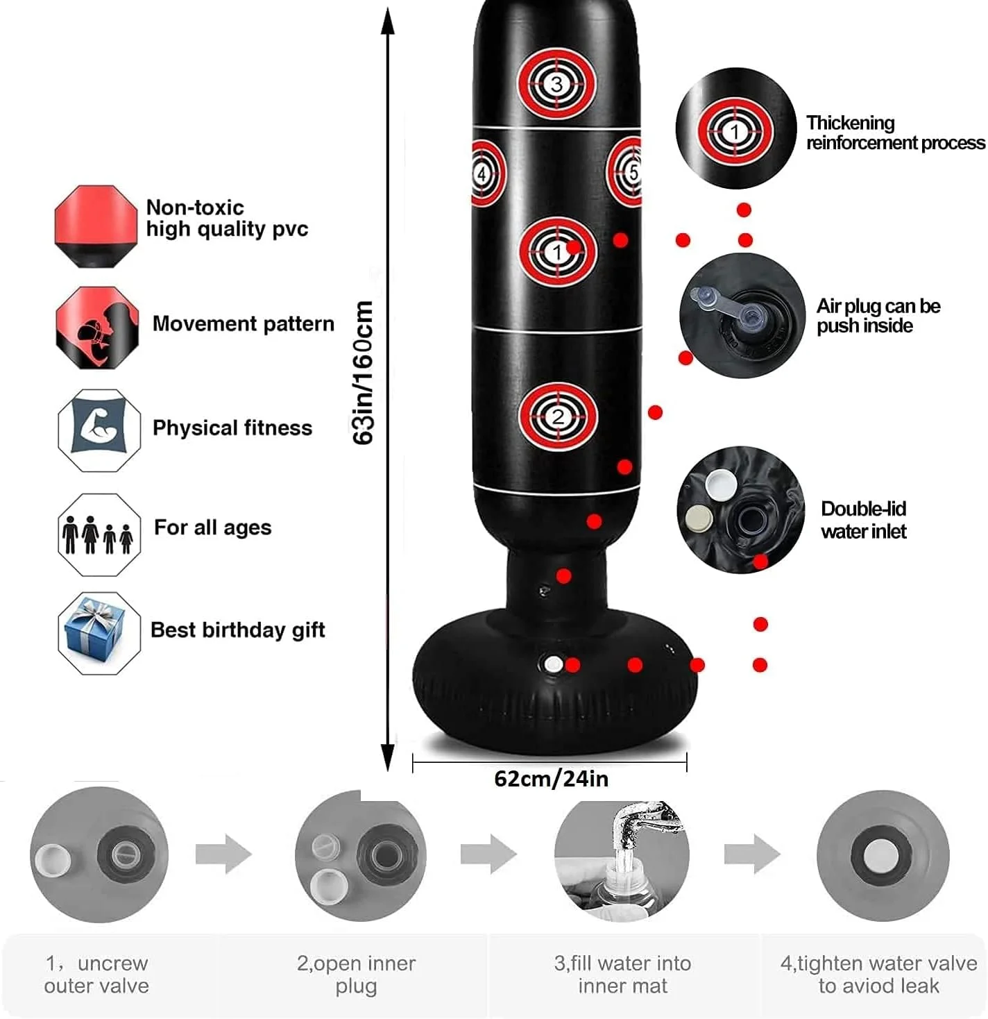 کیسه بوکس تمرینی FEIXIANG، کیسه شنی بادی ایستاده، ستون کیک بوکسینگ، کیسه تعادلی برای بزرگسالان، کودکان، تناسب اندام خانگی، باشگاه، مشکی قرمز