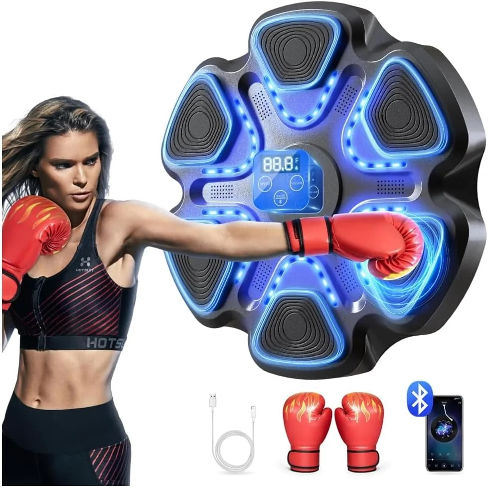 دستگاه بوکس موزیکال با دستکش برای بزرگسالان، تجهیزات بوکس هوشمند بلوتوثی دیواری برای خانه و باشگاه، دستگاه تمرین الکترونیکی