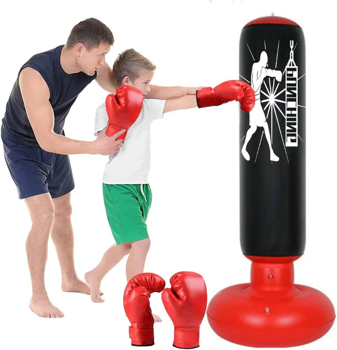 کیسه بوکس بادی 160 سانتی متری، کیسه بوکس ایستاده برای بزرگسالان و کودکان به همراه دستکش، ستون تمرین ضخیم برای تمرینات سرعتی تناسب اندام در خانه، MMA، تکواندو، رفع فشار و کیک بوکسینگ