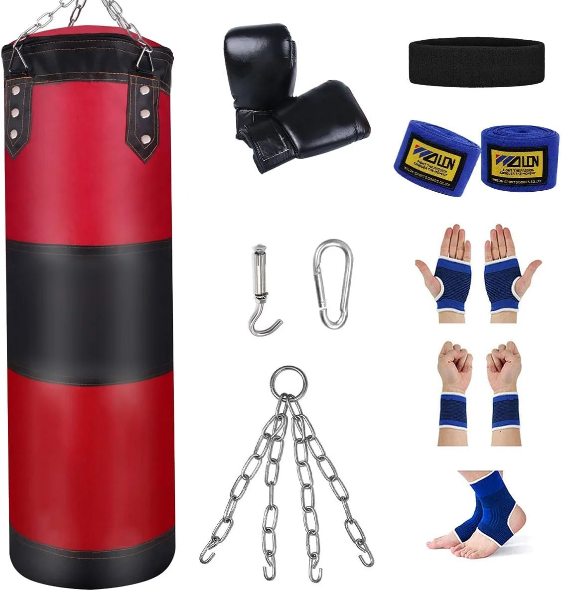 کیسه بوکس 10 در 1، کیسه شن آویز پر کردنی بادوام برای تمرینات قدرتی، مجموعه کیسه خالی با زنجیر و دستکش برای بزرگسالان، باشگاه خانگی، هنرهای رزمی، تمرین موی تای، 120 سانتی متر