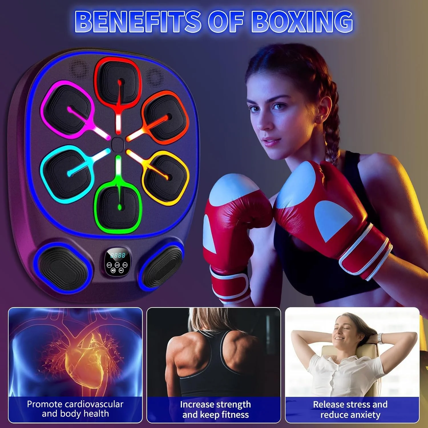 دستگاه بوکس هوشمند موزیکال Angju برای کودکان و بزرگسالان، سیستم تمرینی بلوتوثی LED دیواری با دستکش بوکس، تجهیزات تمرین خانگی برای تناسب اندام و کاهش استرس دستگاه بوکس هوشمند موزیکال Angju برای کودکان و بزرگسالان، سیستم تمرینی بلوتوثی LED دیواری با دستکش بوکس، تجهیزات تمرین خانگی برای تناسب اندام و کاهش استرس