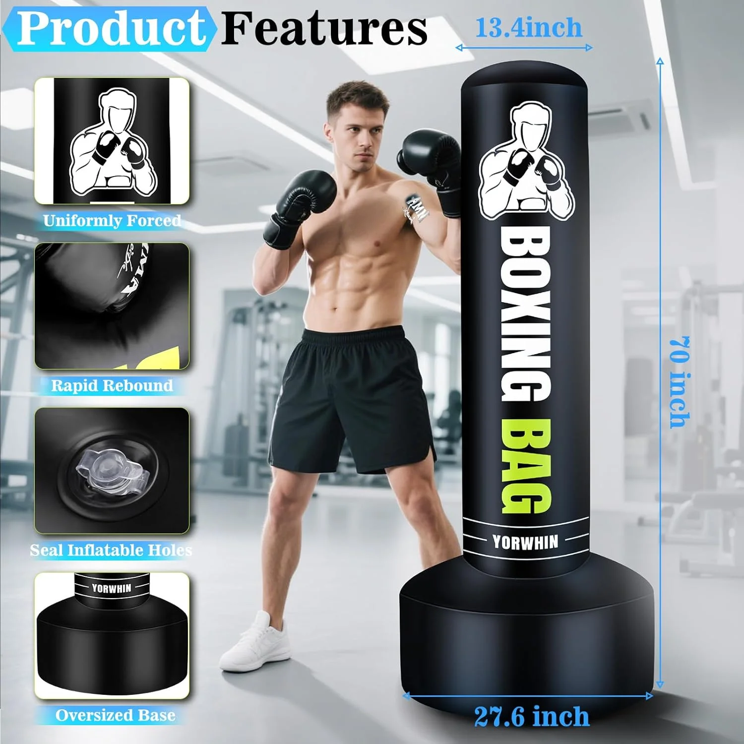 کیسه بوکس ایستاده سنگین برای بزرگسالان، کیسه بوکس ایستاده 178 سانتی‌متری با دستکش بوکس، تجهیزات تمرین بوکس، کیسه های کیک بوکسینگ برای تمرین MMA موی تای تناسب اندام باشگاه خانگی