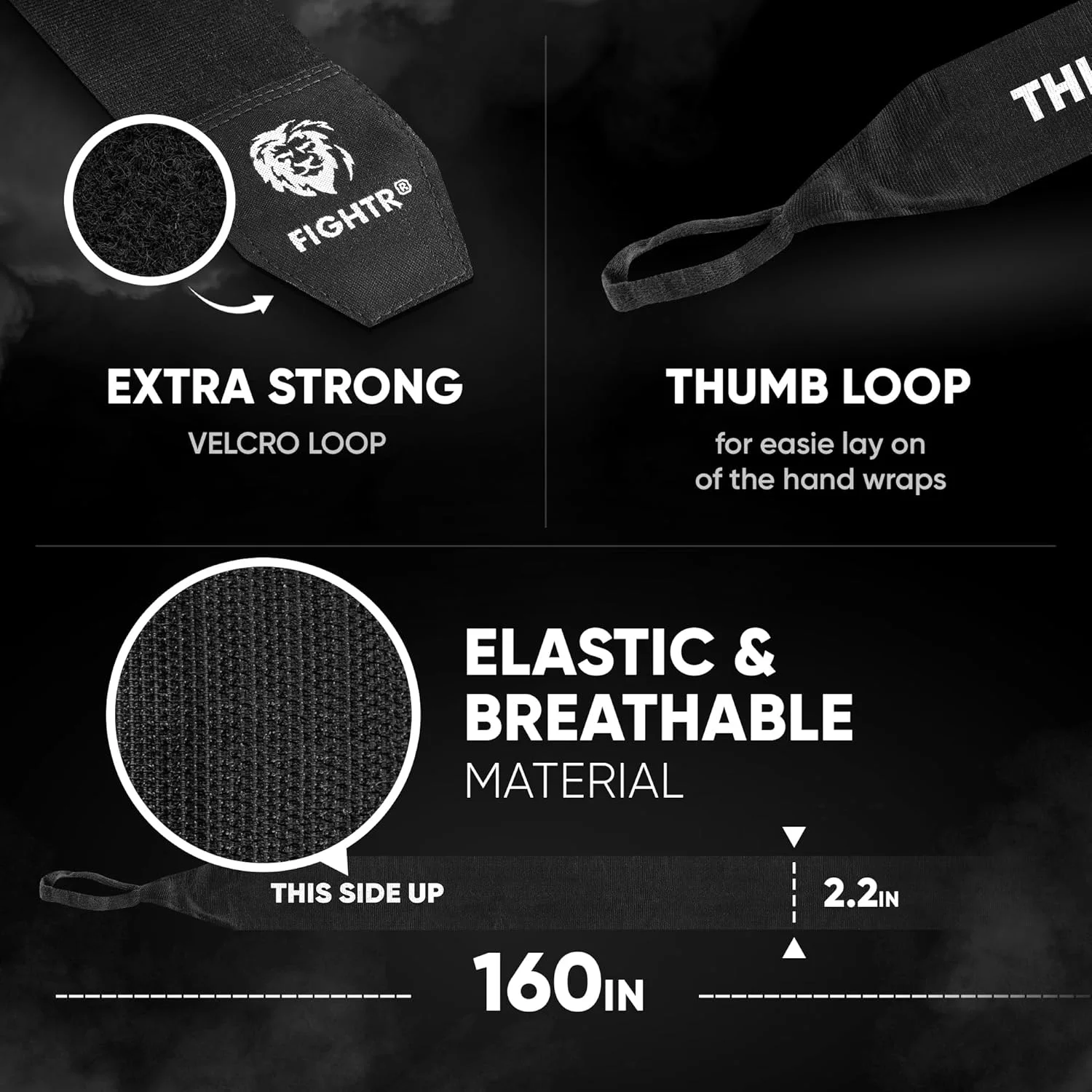 بانداژ دست FIGHTR® ممتاز 160 اینچی نیمه الاستیک با حلقه انگشت شست برای بوکس، MMA، موی تای و سایر هنرهای رزمی 4 متری برای مردان و زنان (مشکی) بانداژ دست FIGHTR® ممتاز 160 اینچی نیمه الاستیک با حلقه انگشت شست برای بوکس، MMA، موی تای و سایر هنرهای رزمی 4 متری برای مردان و زنان (مشکی)