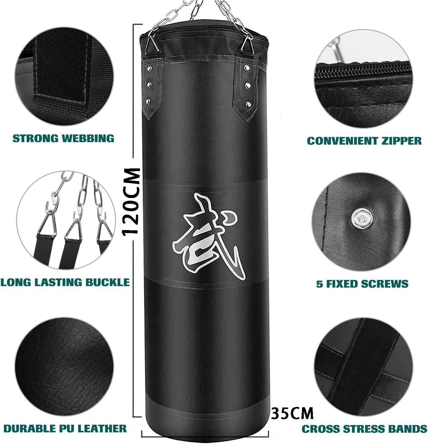 کیسه بوکس برای بزرگسالان، کیسه سنگین بوکس چرمی PU به ارتفاع ۱۲۰ سانتی متر به همراه دستکش بوکس ۳۴۰ گرمی، باند دست، زنجیر آویز برای هنرهای رزمی ترکیبی، کاراته، کیک بوکسینگ، هنرهای رزمی، تمرینات باشگاه خانگی - بدون پرشدن