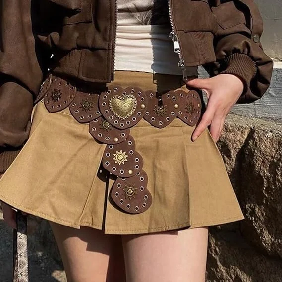 کمربند چرمی PU طرح کابویی و بوهمی زنانه با سگک و بند فلزی قابل تنظیم