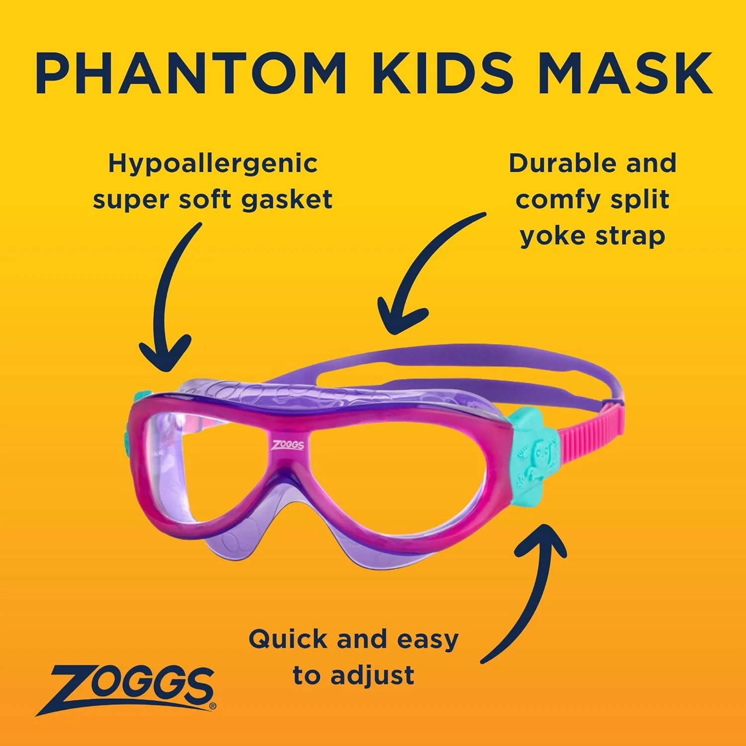 عینک شنا کودک زوگز فانتوم مدل صورتی بنفش شفاف | لنزهای ضد بخار با محافظت UV | بند قابل تنظیم آسان و فریم نرم | ایده آل برای کودکان 0-6 سال