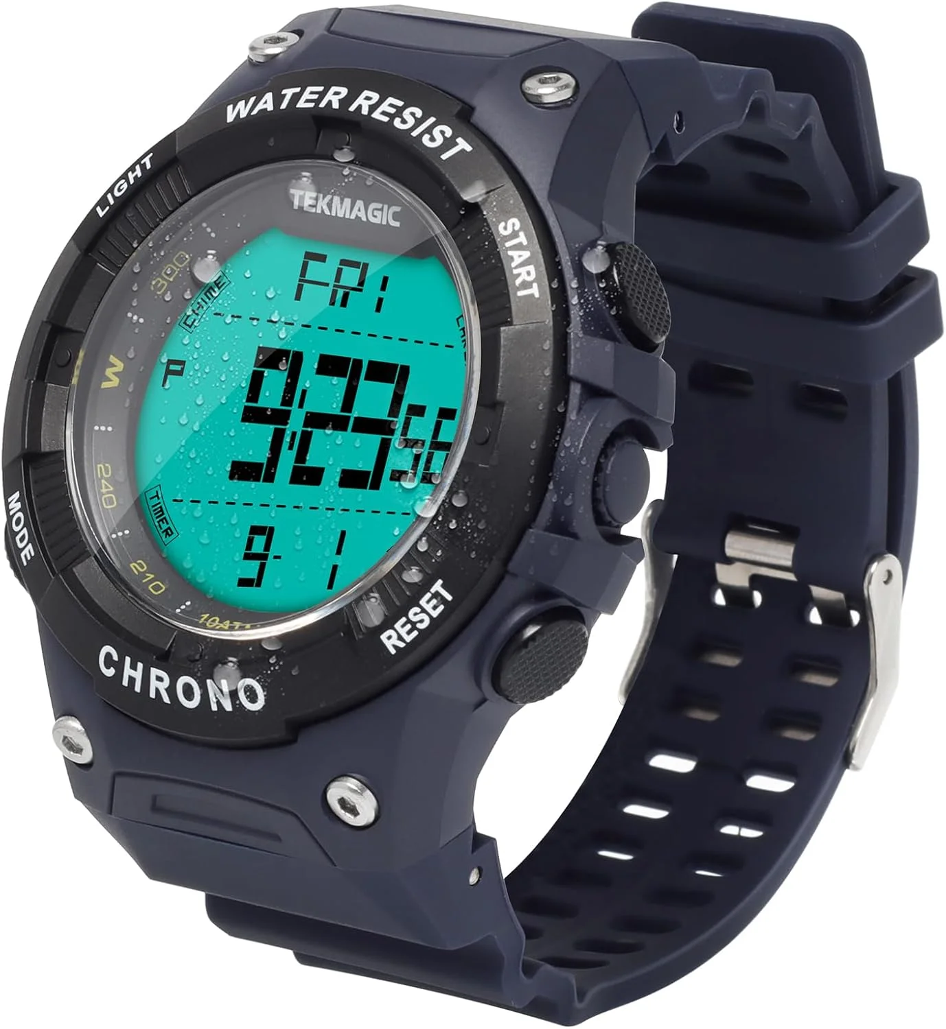 ساعت مچی دیجیتال ورزشی مناسب شنا و غواصی با مقاومت در برابر آب تا 10 اتمسفر، دارای عملکردهای ساعت زنگ دار، کرنومتر، کرنوگراف، شمارش معکوس، تایمر، زمان دوگانه و تقویم، قابل تغییر بین فرمت 12 و 24 ساعته