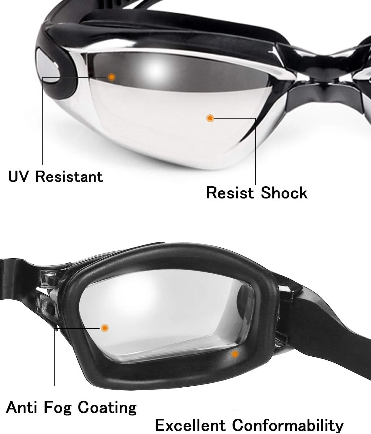 عینک شنا، [ضد مه/مقاوم در برابر اشعه ماوراء بنفش] عینک شنا با دید واضح و گسترده برای بزرگسالان، مردان و زنان، روکش رنگی روشن [گوشی+گیره بینی+جعبه عینک]