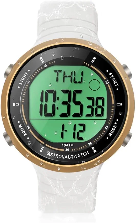 ساعت مچی دیجیتال ورزشی مناسب شنا و غواصی، ضد آب تا 100 متر (10ATM) با عملکردهای ساعت زنگ دار، کرنوگراف، کرنومتر، تایمر، شمارش معکوس، زمان دوگانه، قابلیت تغییر فرمت 12 و 24 ساعته، بند سیلیکونی