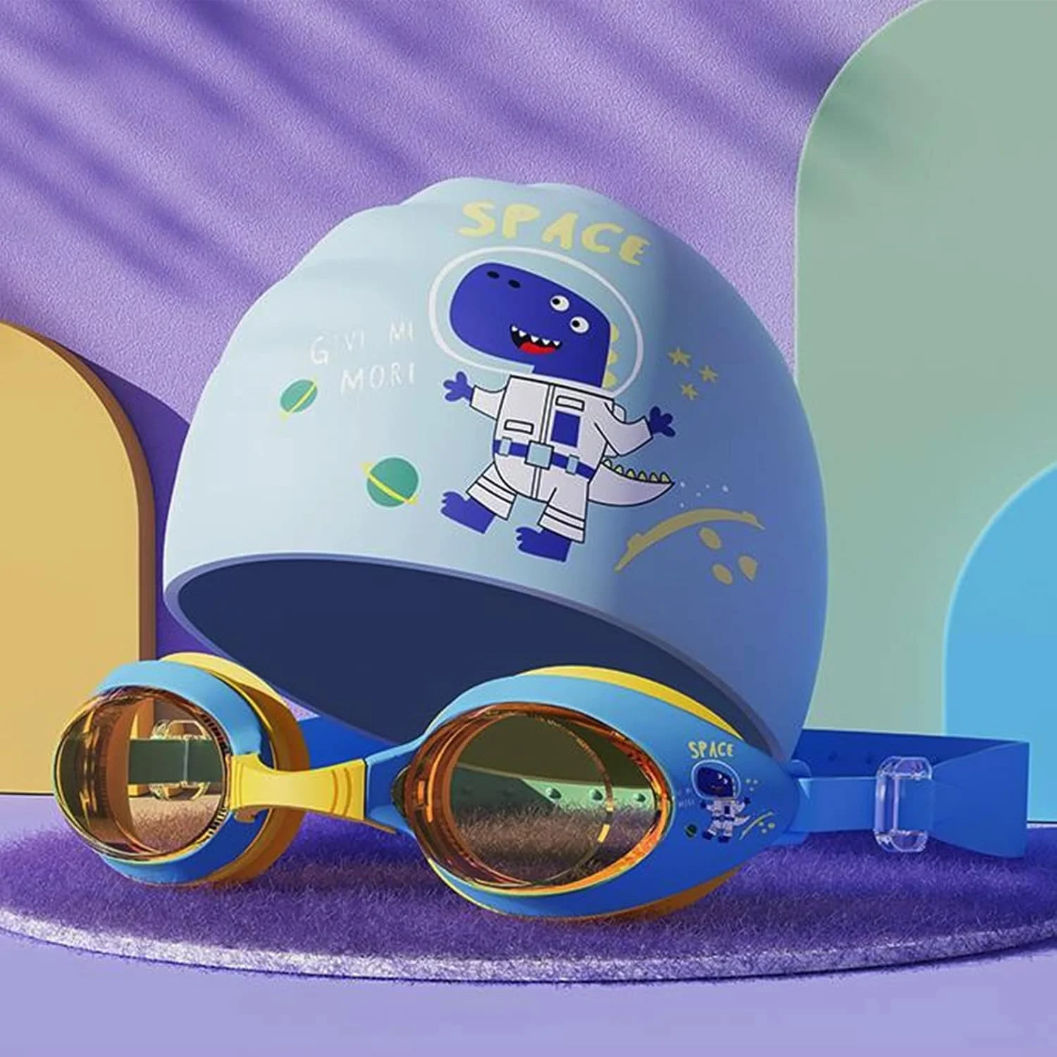 کلاه شنا کودکانه VUCATIN با عینک شنا، کلاه شنای سیلیکونی کارتونی دخترانه و پسرانه، ضد آب و مقاوم در برابر پارگی، مناسب برای موهای بلند و کوتاه کودکان، سنین 3 تا 15 سال