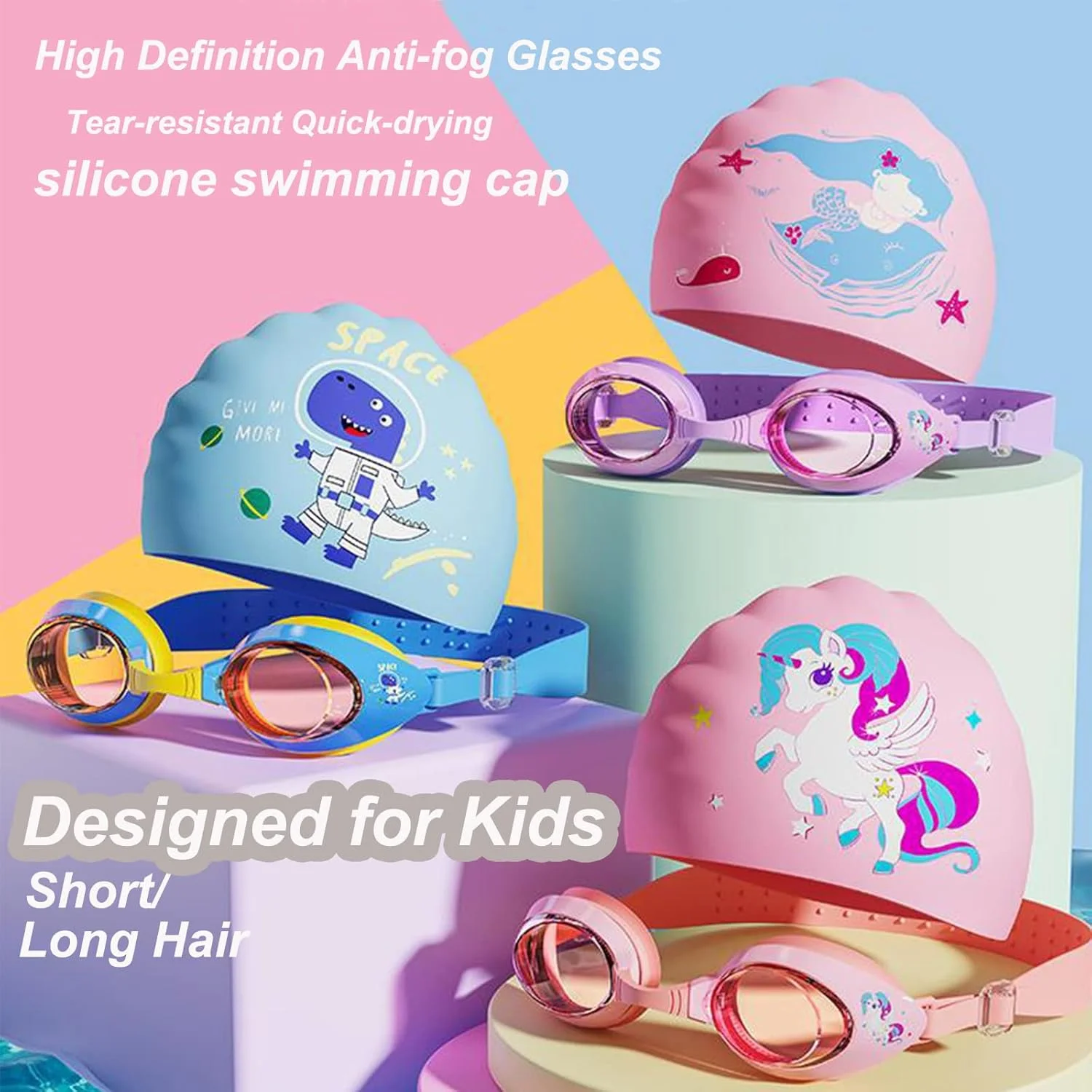 کلاه شنا کودکانه VUCATIN با عینک شنا، کلاه شنای سیلیکونی کارتونی دخترانه و پسرانه، ضد آب و مقاوم در برابر پارگی، مناسب برای موهای بلند و کوتاه کودکان، سنین 3 تا 15 سال کلاه شنا کودکانه VUCATIN با عینک شنا، کلاه شنای سیلیکونی کارتونی دخترانه و پسرانه، ضد آب و مقاوم در برابر پارگی، مناسب برای موهای بلند و کوتاه کودکان، سنین 3 تا 15 سال