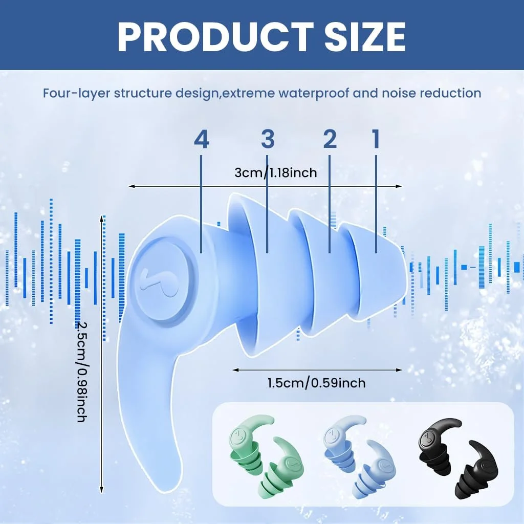 گوشی‌های سیلیکونی شنا قابل استفاده مجدد، 3 جفت (آبی/مشکی/سبز) برای بزرگسالان، ضد آب و کاهش دهنده صدا، طراحی ارگونومیک، با جعبه جداگانه برای حمام، موج سواری، ورزش های آبی و استفاده روزانه