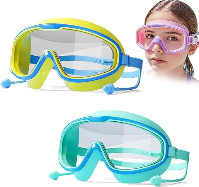 عینک شنا کودکانه U-HOOME، عینک شنا برای کودکان 3 تا 14 سال، عینک استخر با دید عریض به همراه گوش گیر، ضد بخار و محافظت UV مناسب پسران و دختران